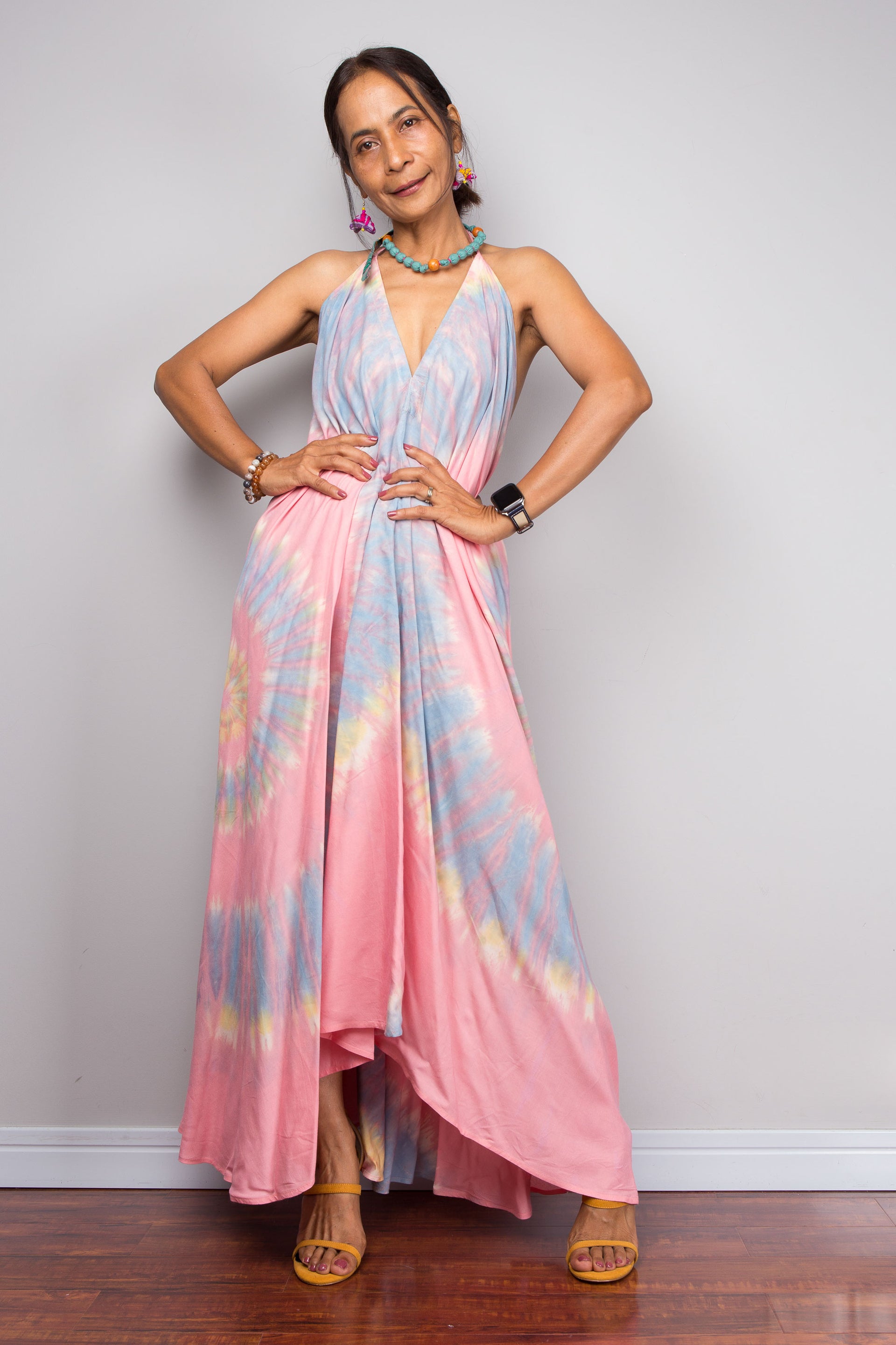 chinese dress ladies White And Pink Tie Dye Maxi Dress main image 1
