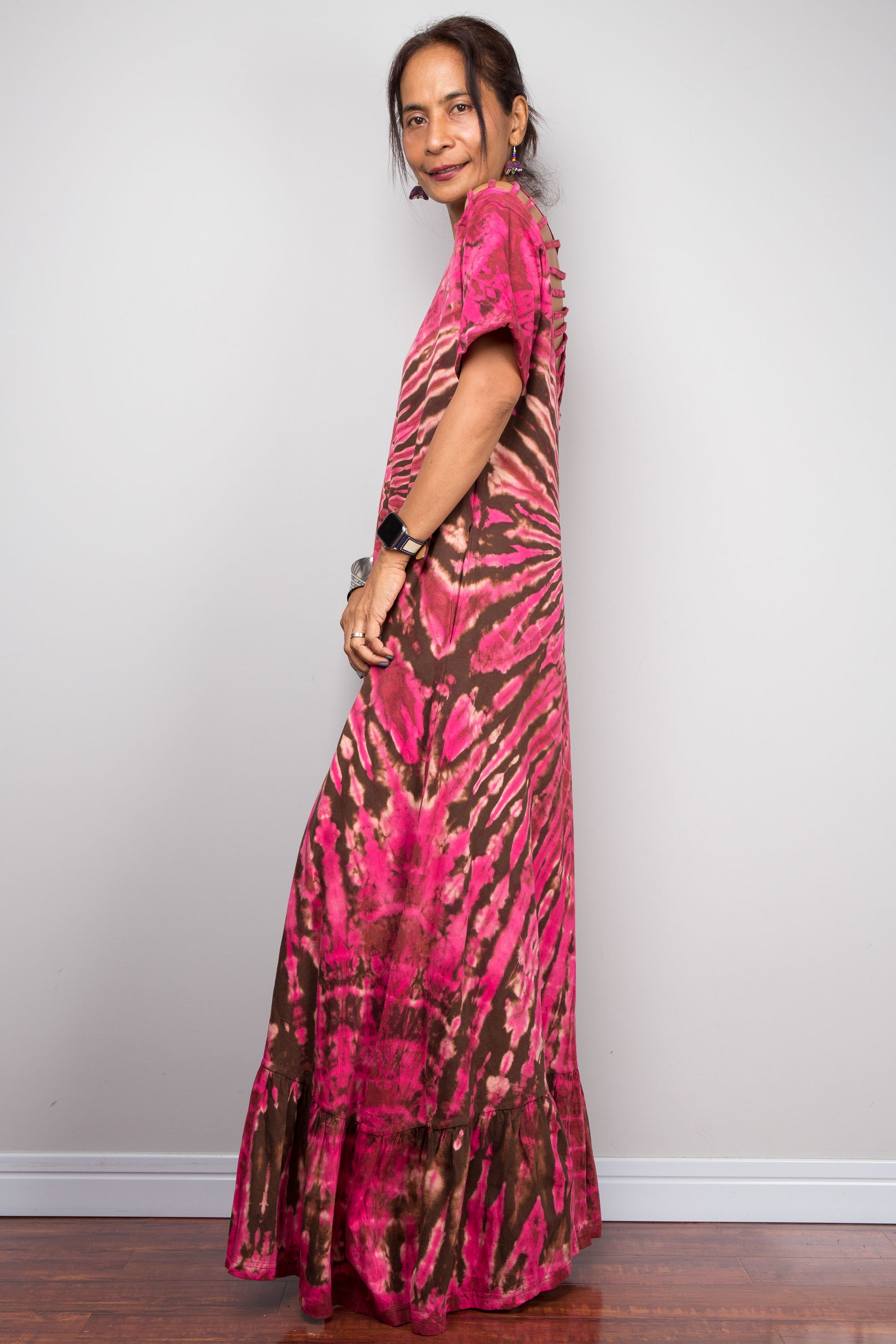 Pink & Brown Tie Dye Maxi Dress with Cut-Out Back