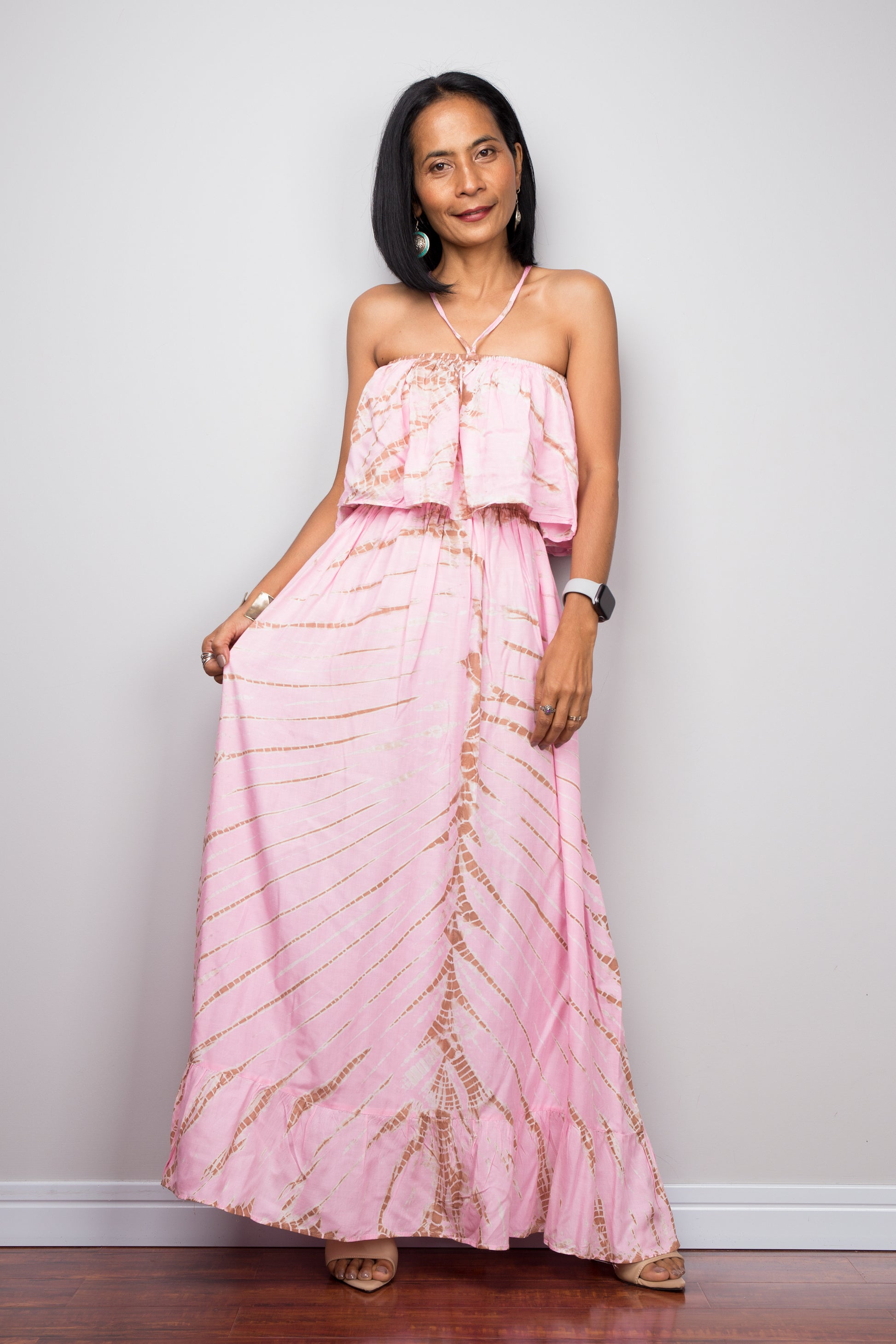 Pink tie dye off shoulder maxi dress