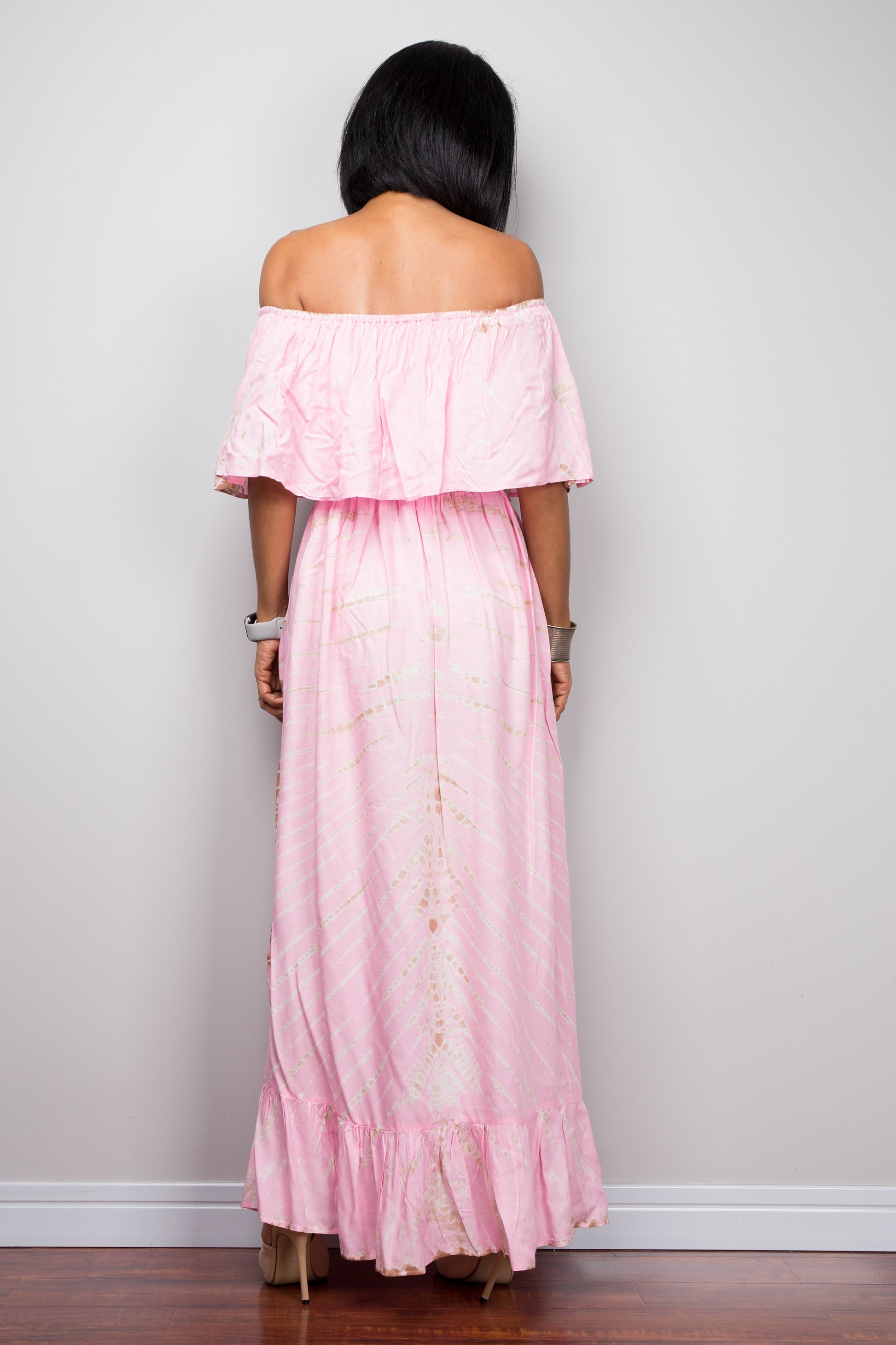 Tie dye maxi dress by Nuichan.  Off shoulder tie dye dress