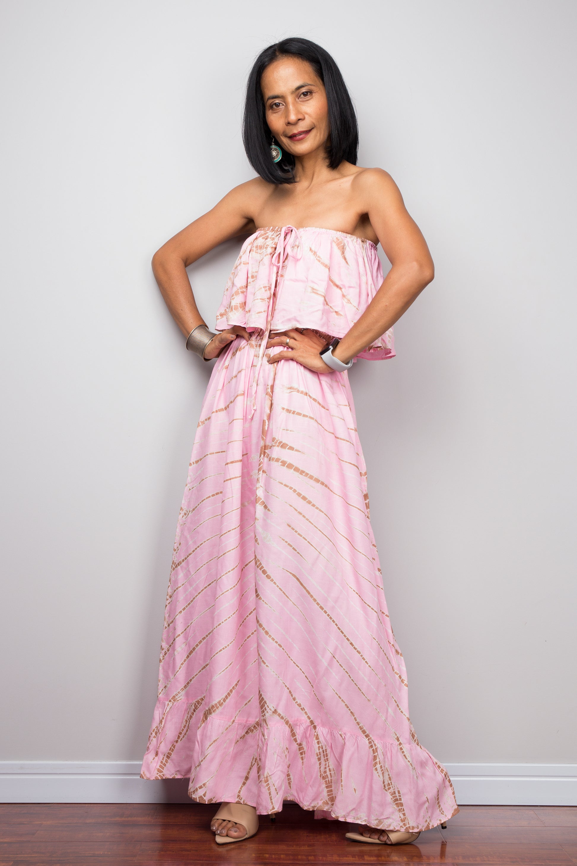 off the shoulder tie dye maxi dress BOHEME - Short-Sleeve Off Shoulder Tie Dye Maxi A-Line Dress