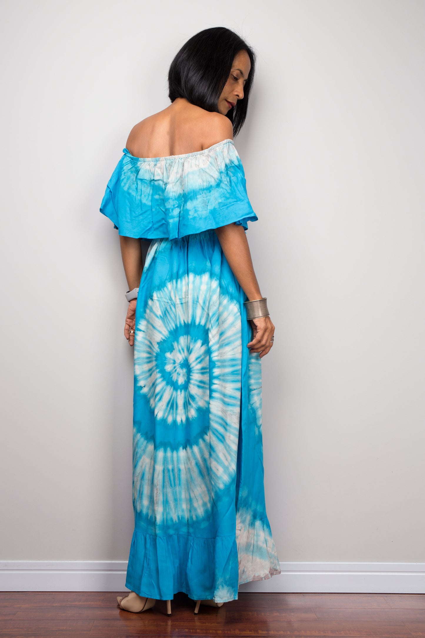 Tie Dye Off Shoulder Maxi Dress. Blue Drop Waist Dress by Nuichan Tie Dye Off Shoulder Maxi Dress. Blue Drop Waist Dress by Nuichan