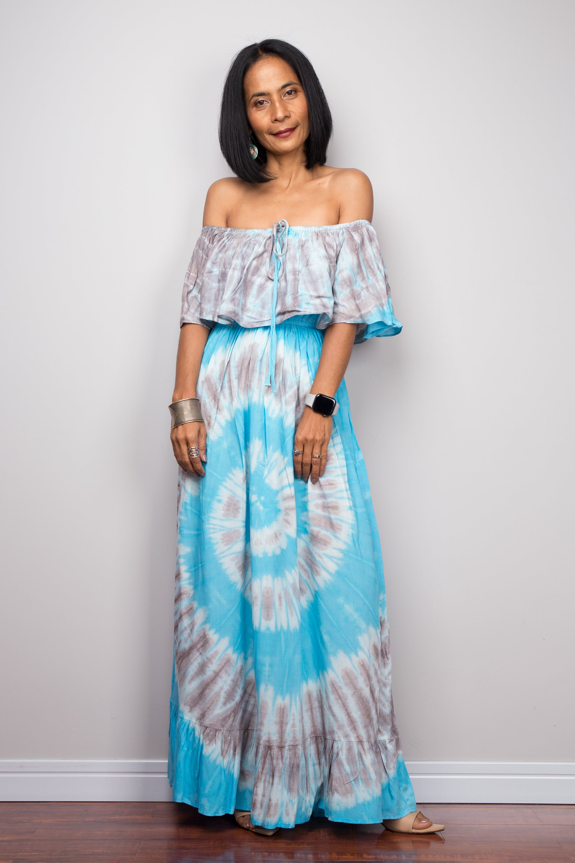 Blue tie dye off shoulder beach dress by Nuichan
