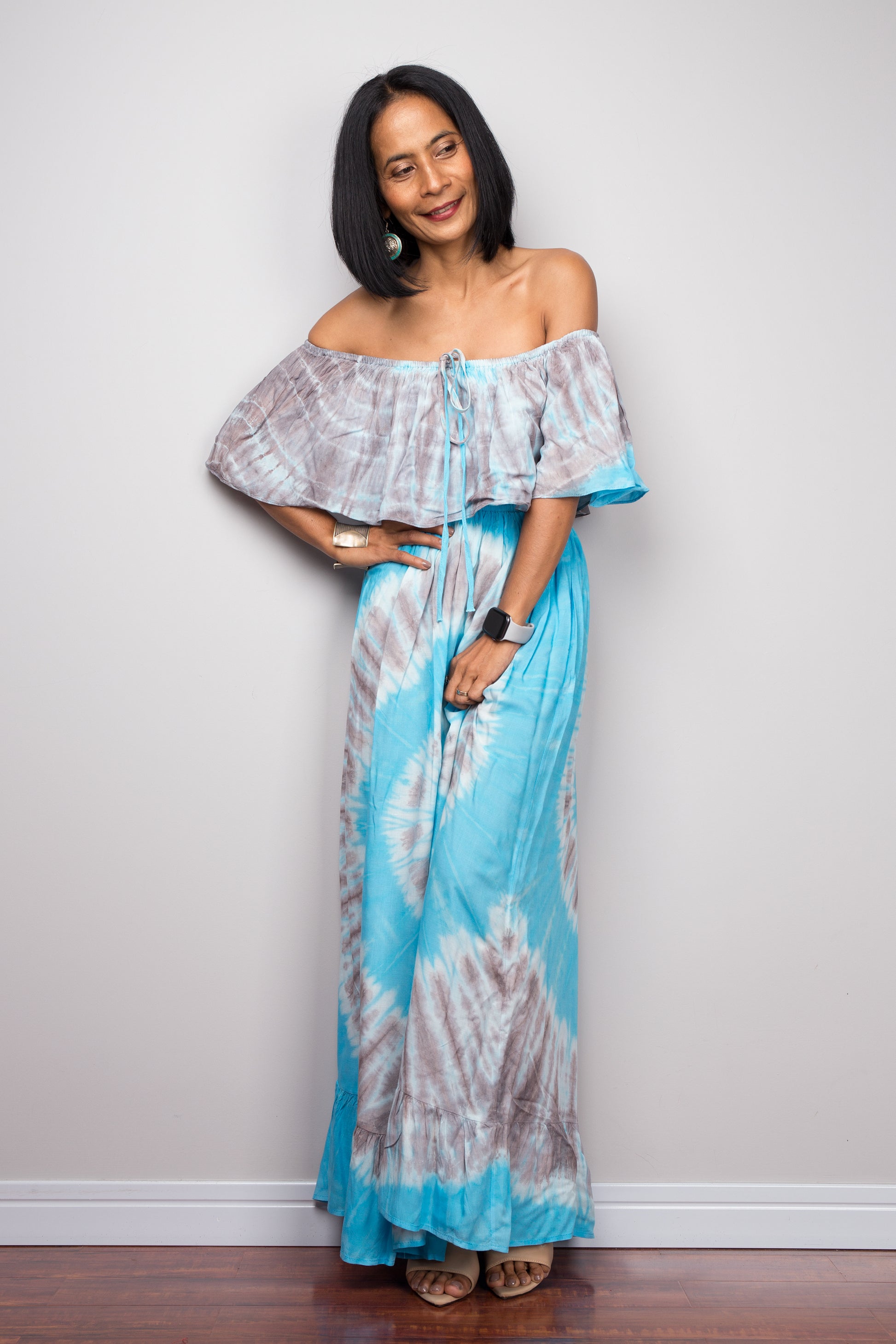 Tie dye dress with swirl pattern.  Off shoulder maxi dress