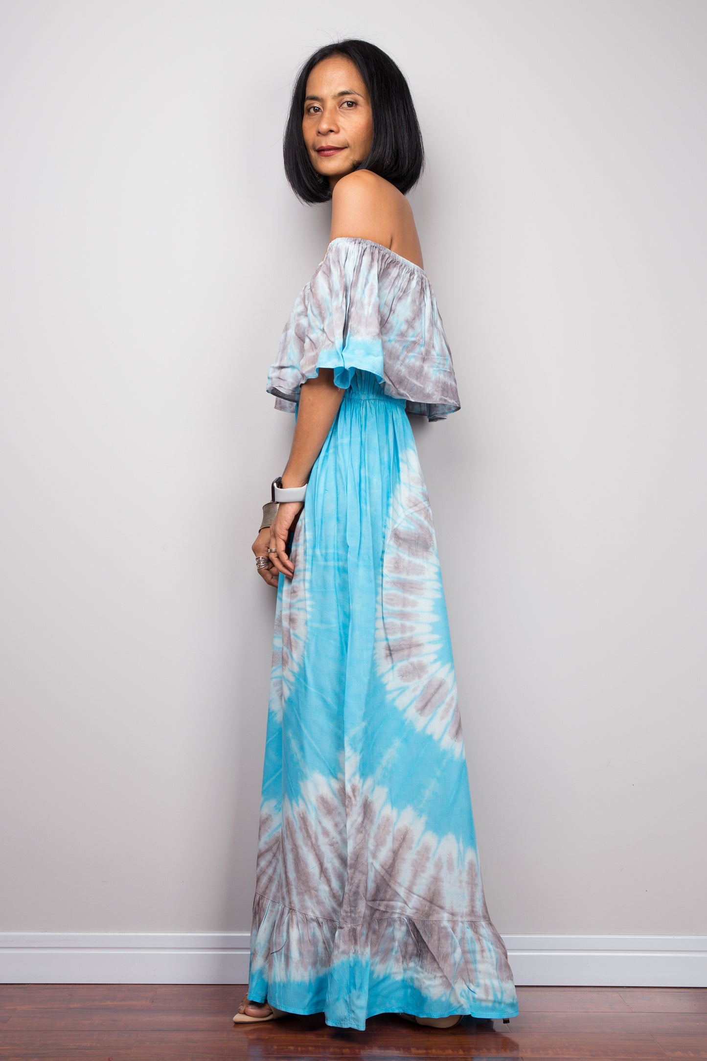 Light blue off the shoulder maxi dress by Nuichan.  Tie dye beach dress