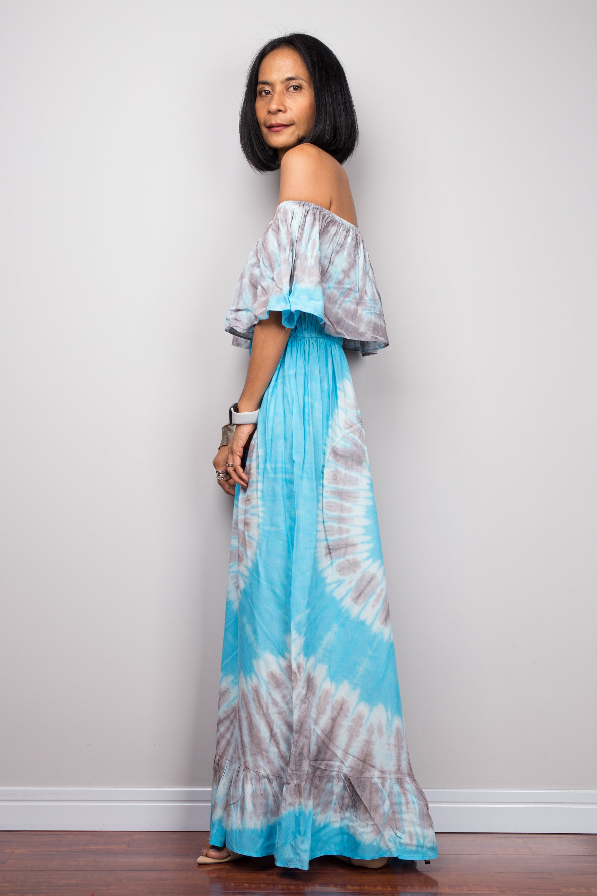 Light blue off the shoulder maxi dress by Nuichan.  Tie dye beach dress