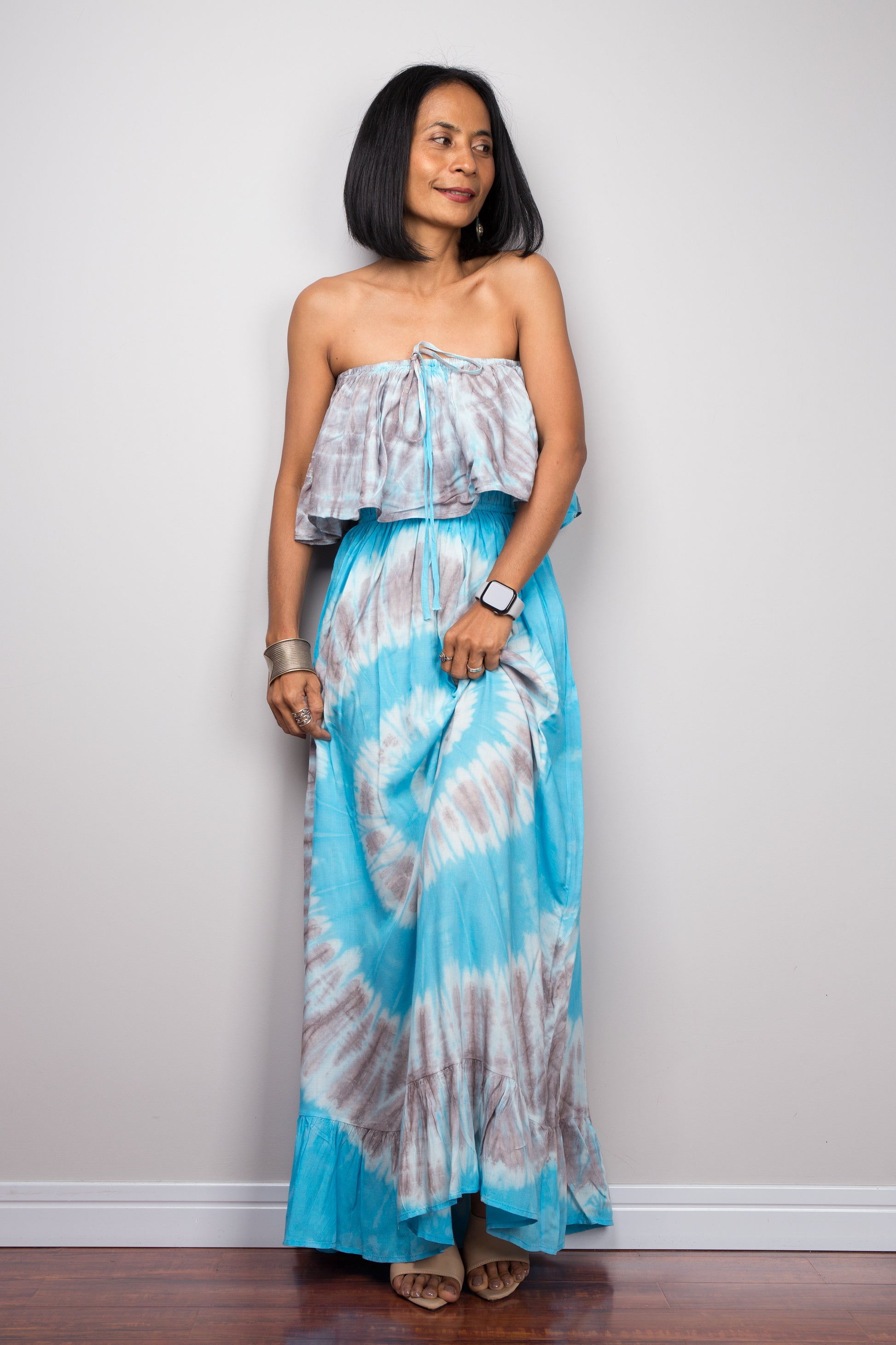 Off shoulder blue tie dye dress.  Drop waist maxi dress by Nuichan