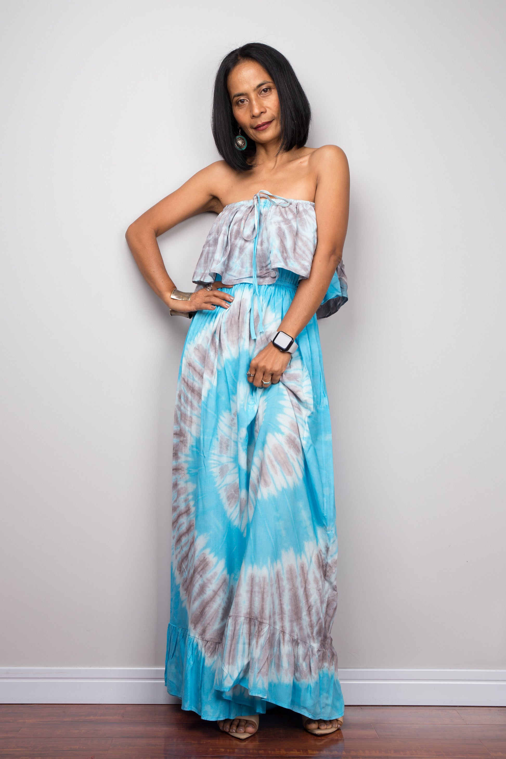 Blue tie dye maxi dress by Nuichan.  Off shoulder dress with ruffle