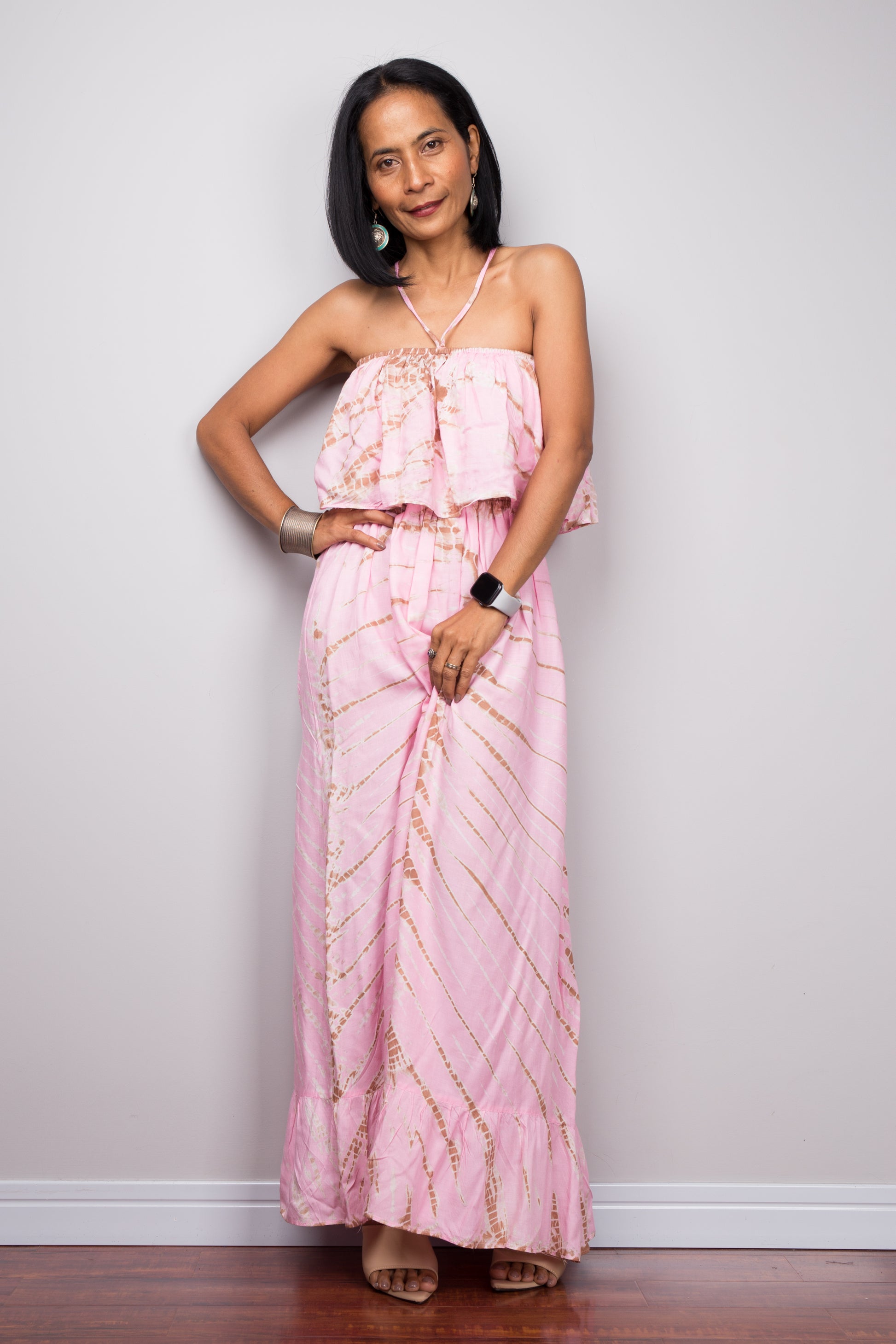 Pink tie dye off shoulder dress by Nuichan.  One shoulder tie dye dress