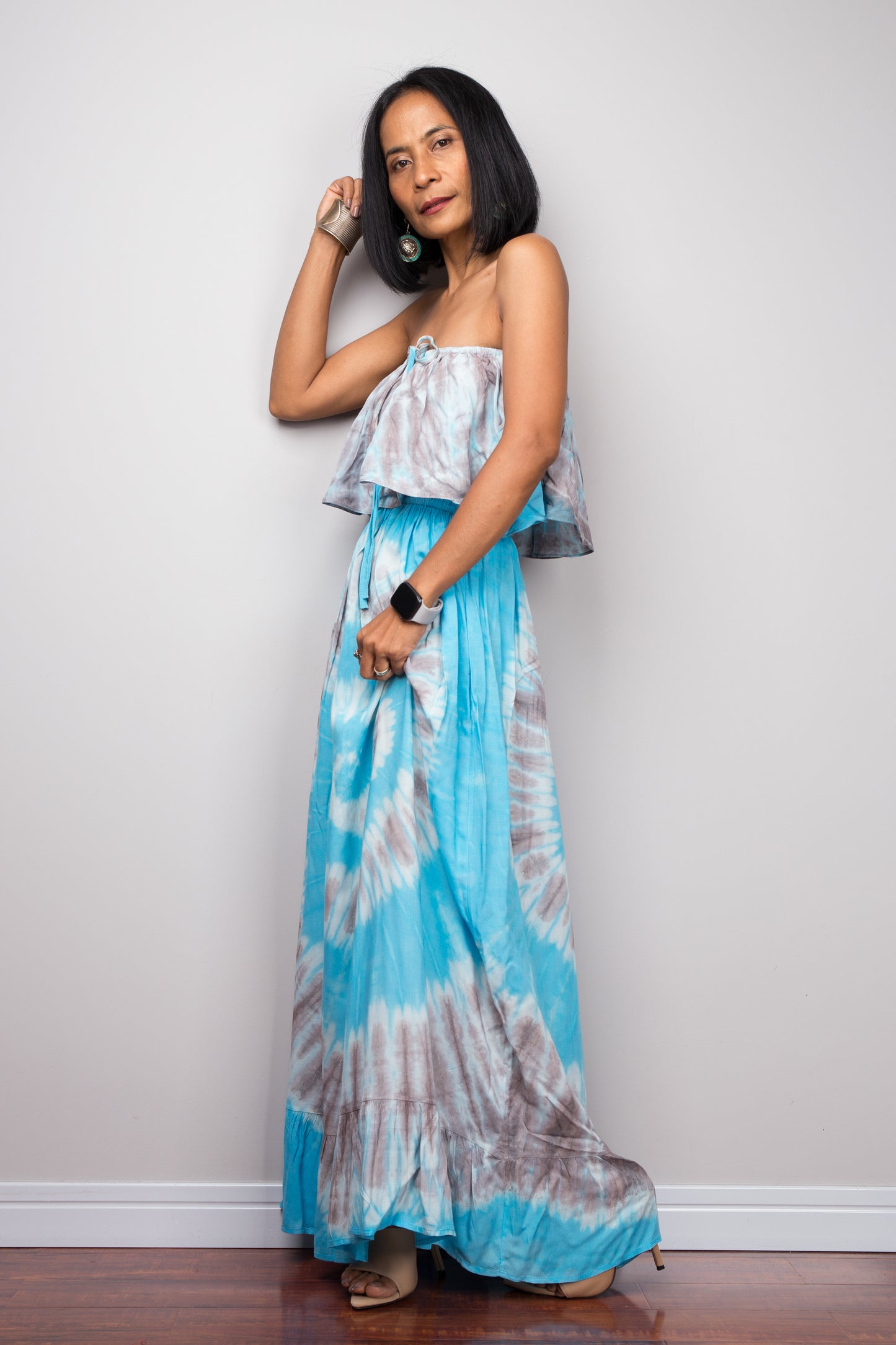 Blue ruffle tie dye maxi dress by Nuichan