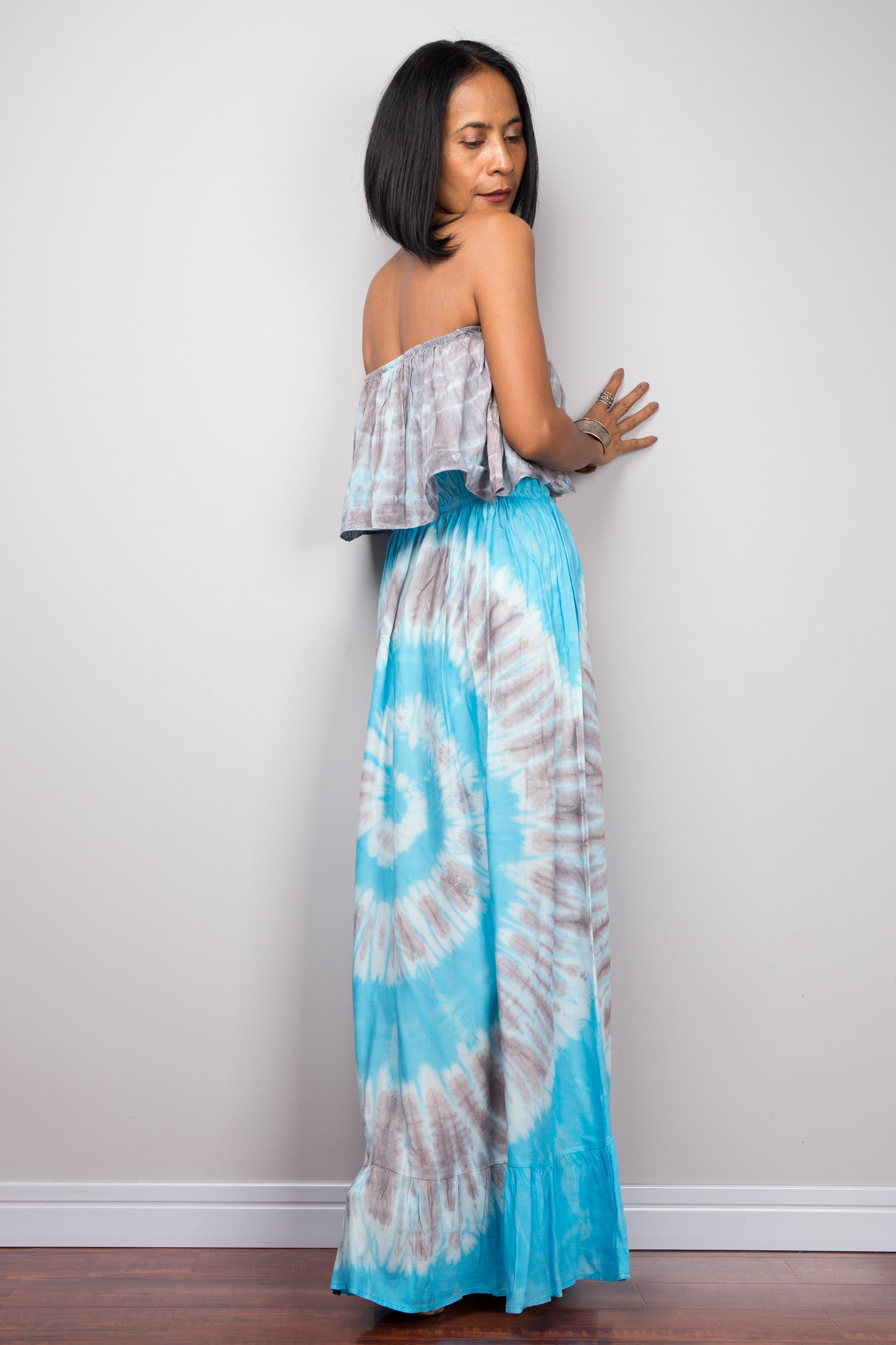 Light blue tie dye maxi dress by Nuichan.  Beach dress with halter straps