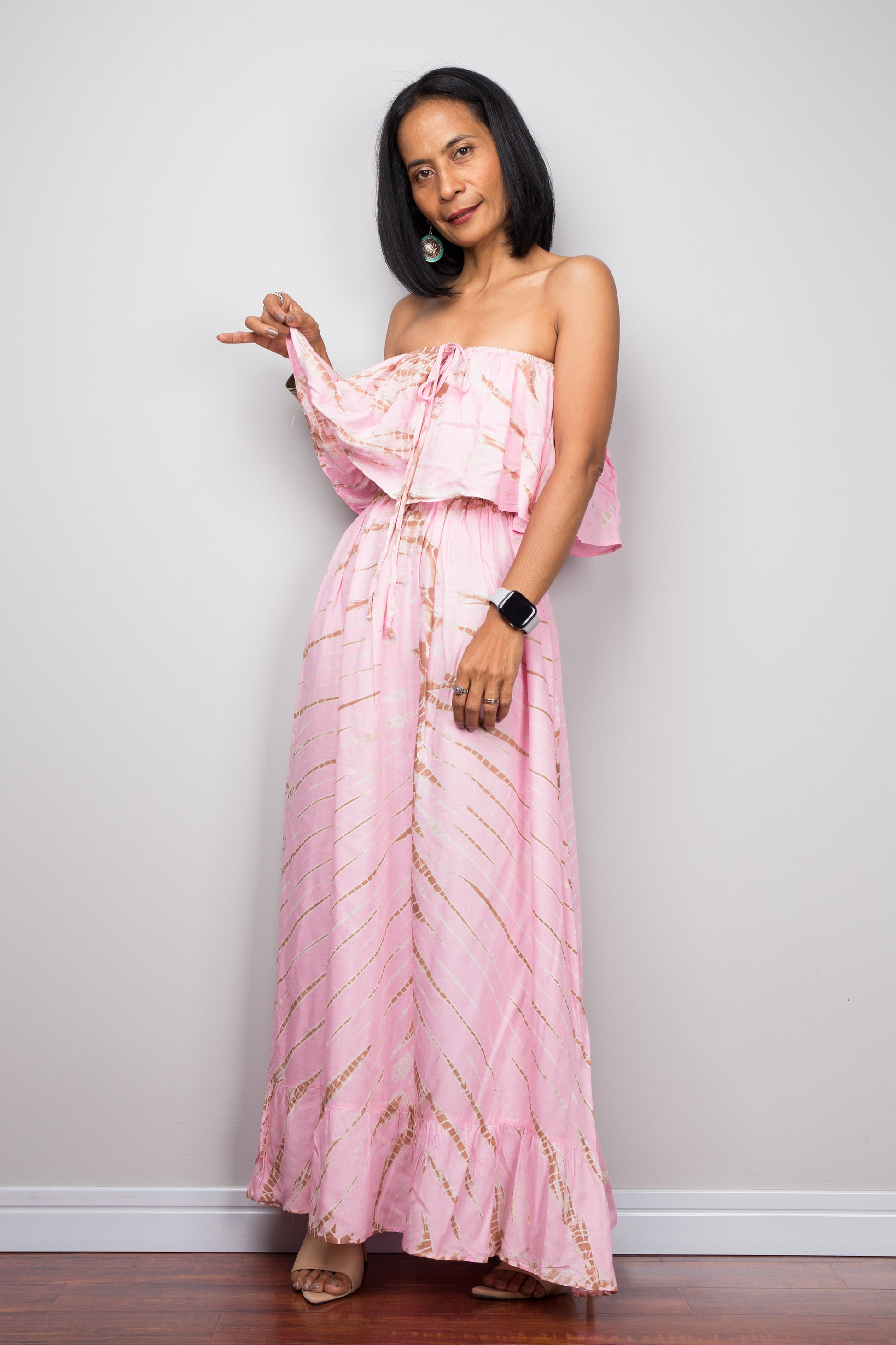 Tie dye off shoulder maxi dress by Nuichan.  Pink beach holiday dress