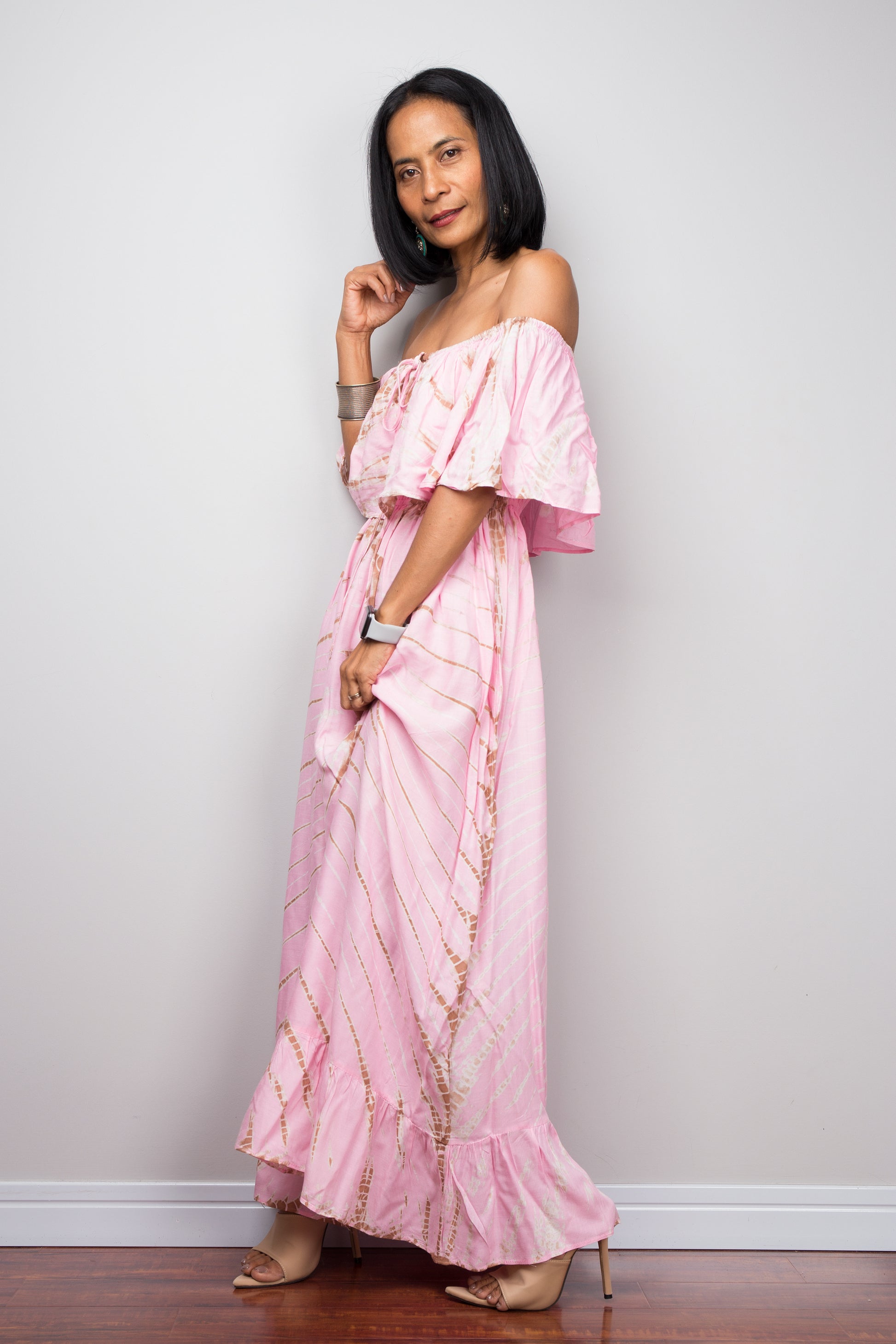 Pink tie dye vacation dress.  Off shoulder maxi dress design by Nuichan