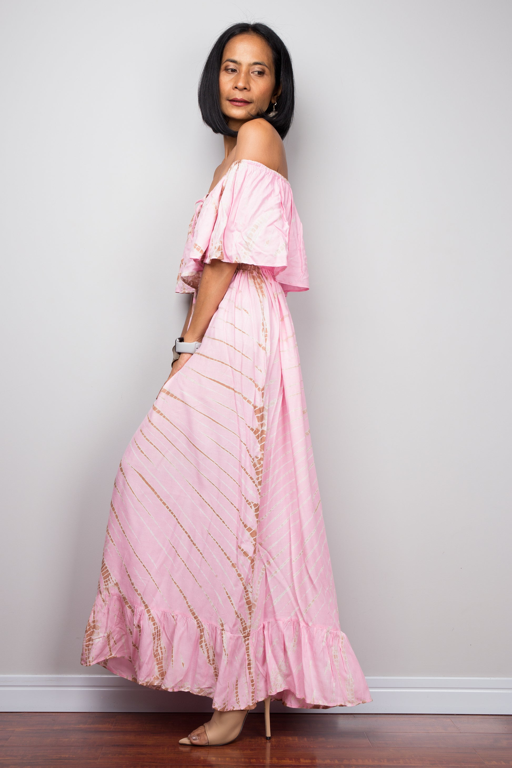 Tie dye off shoulder maxi dress by Nuichan.  Pink tie dye dress
