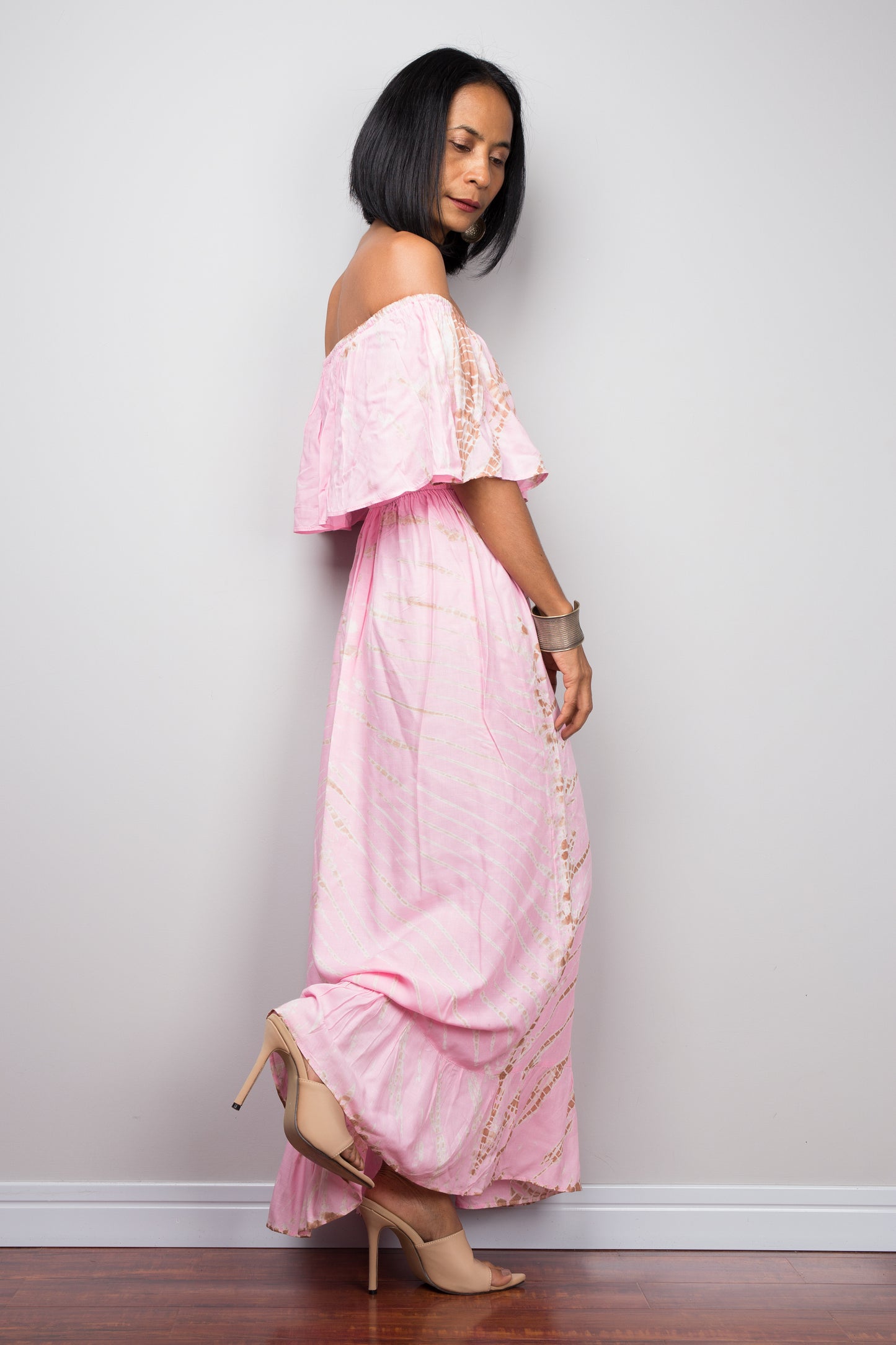 Tie dye one shoulder dress with overlay flounce