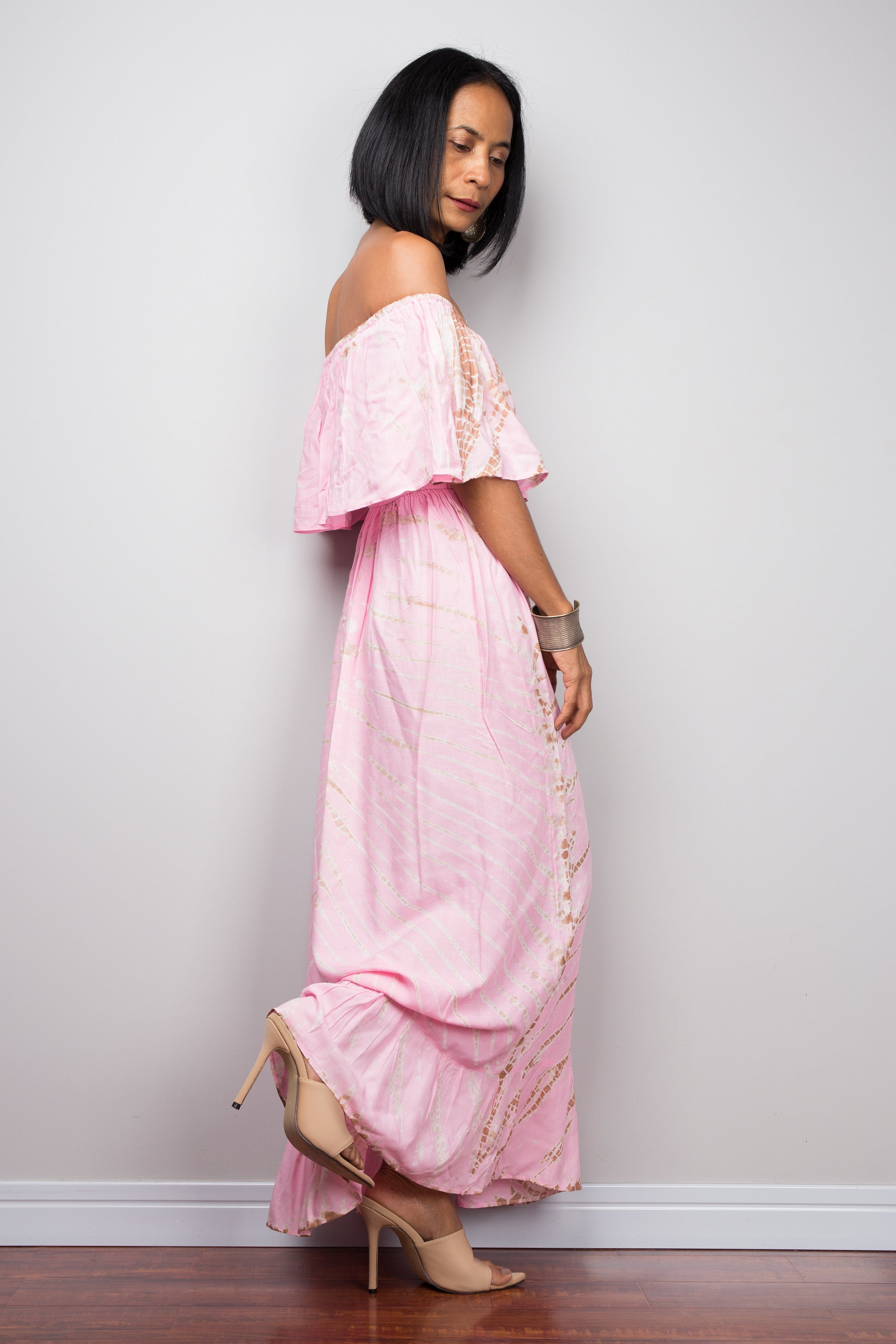 Tie dye one shoulder dress with overlay flounce
