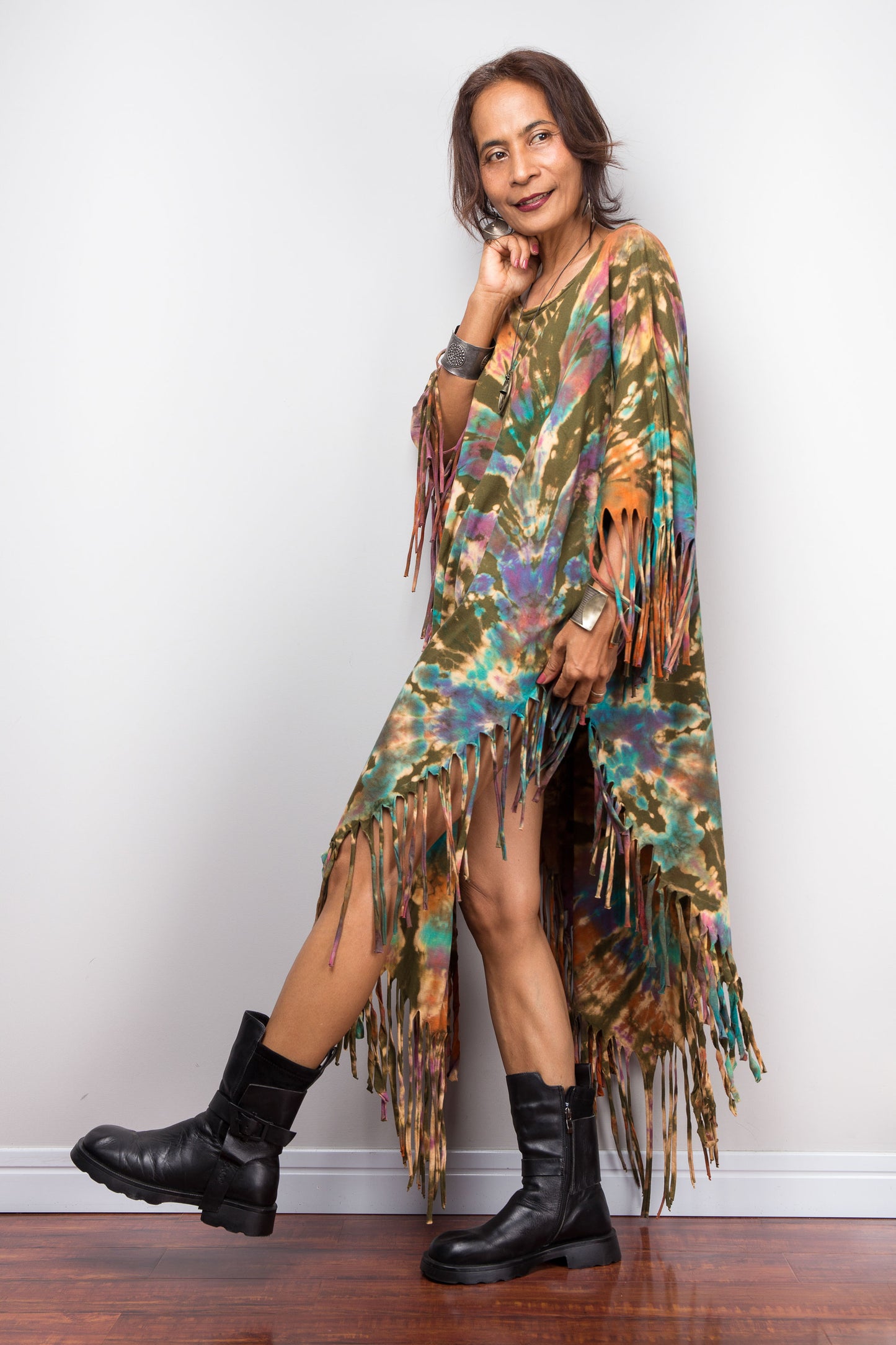 Tie Dye Fringe Poncho Dress – Boho Statement Kaftan