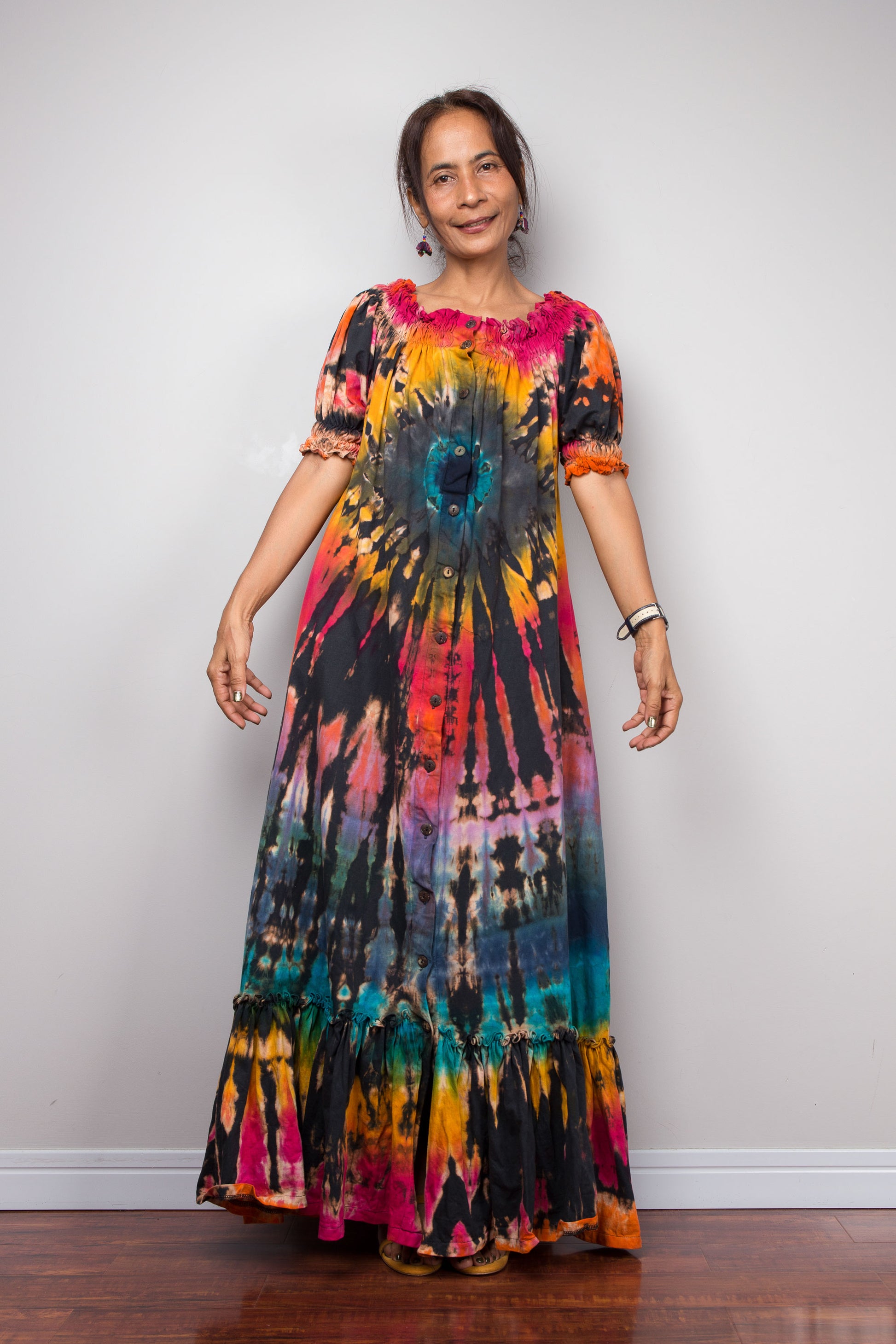 Off-The-Shoulder Rainbow Tie-Dye Maxi Dress