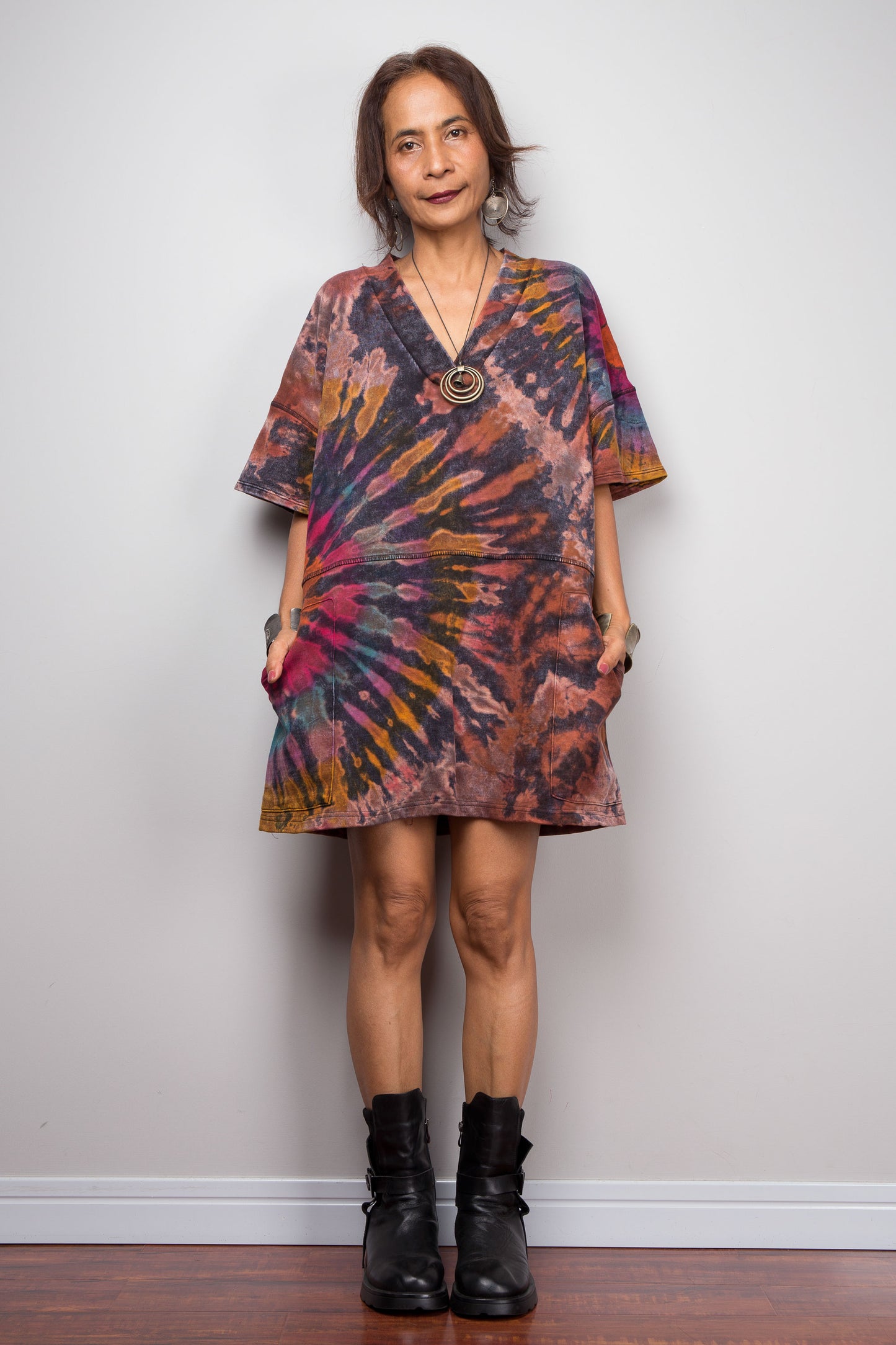 Tie Dye Knit V Neck Tunic Dress