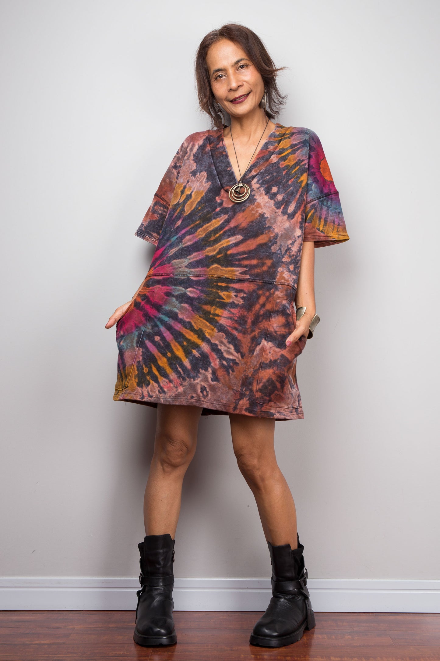 Tie Dye Knit V Neck Tunic Dress
