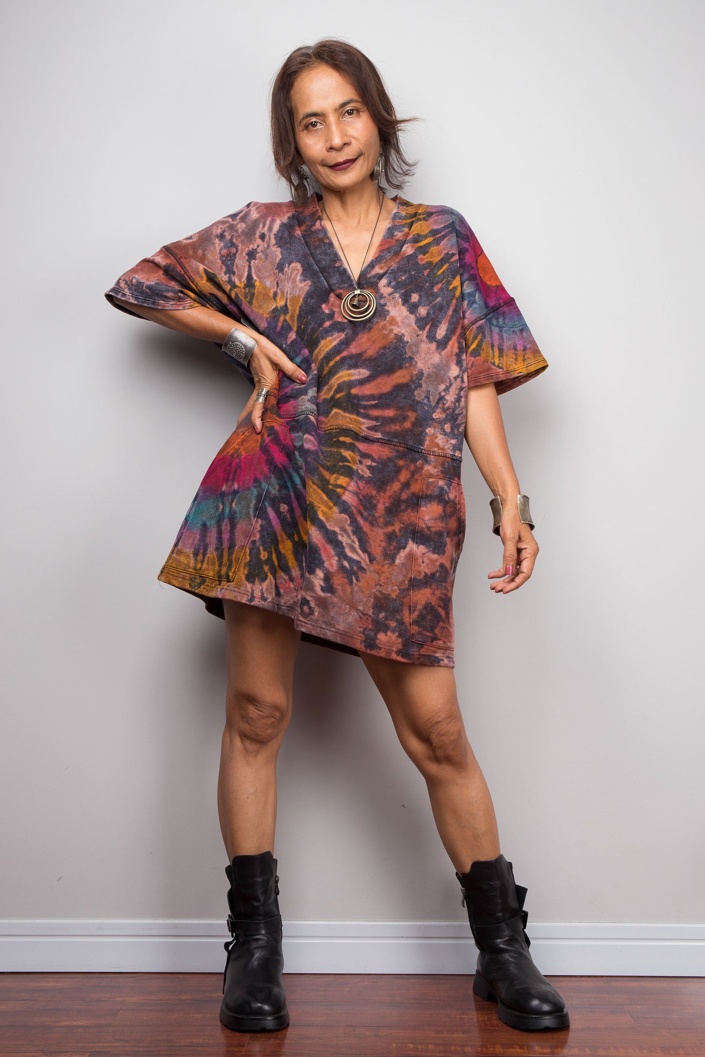 Tie Dye Knit V Neck Tunic Dress