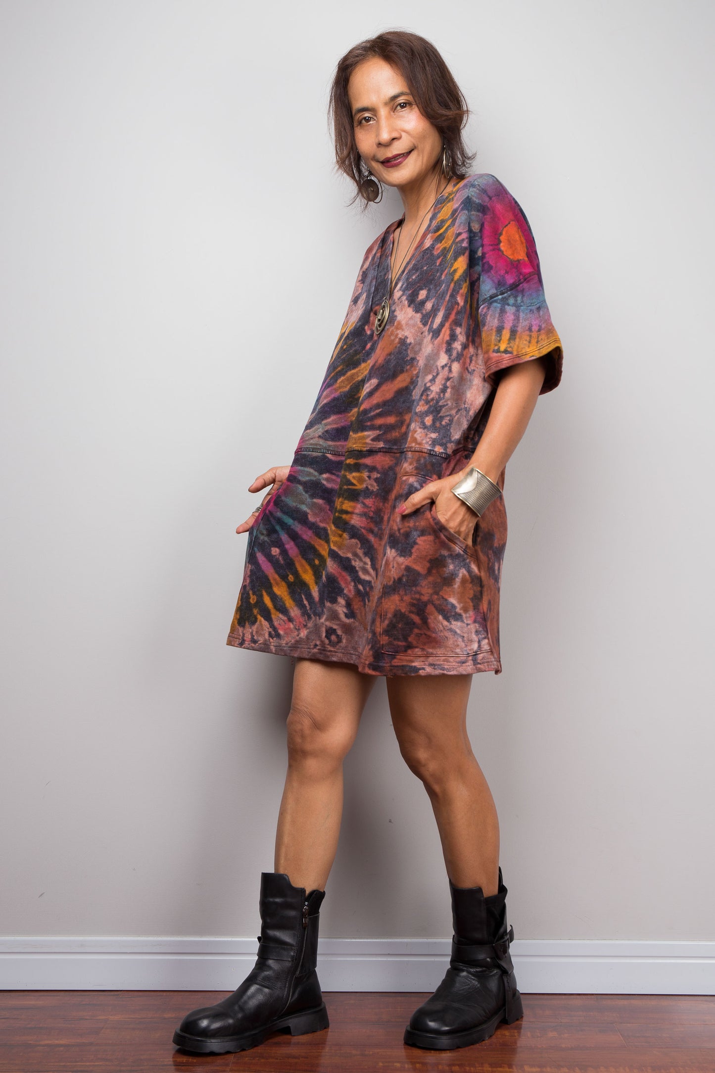 Tie Dye Knit V Neck Tunic Dress