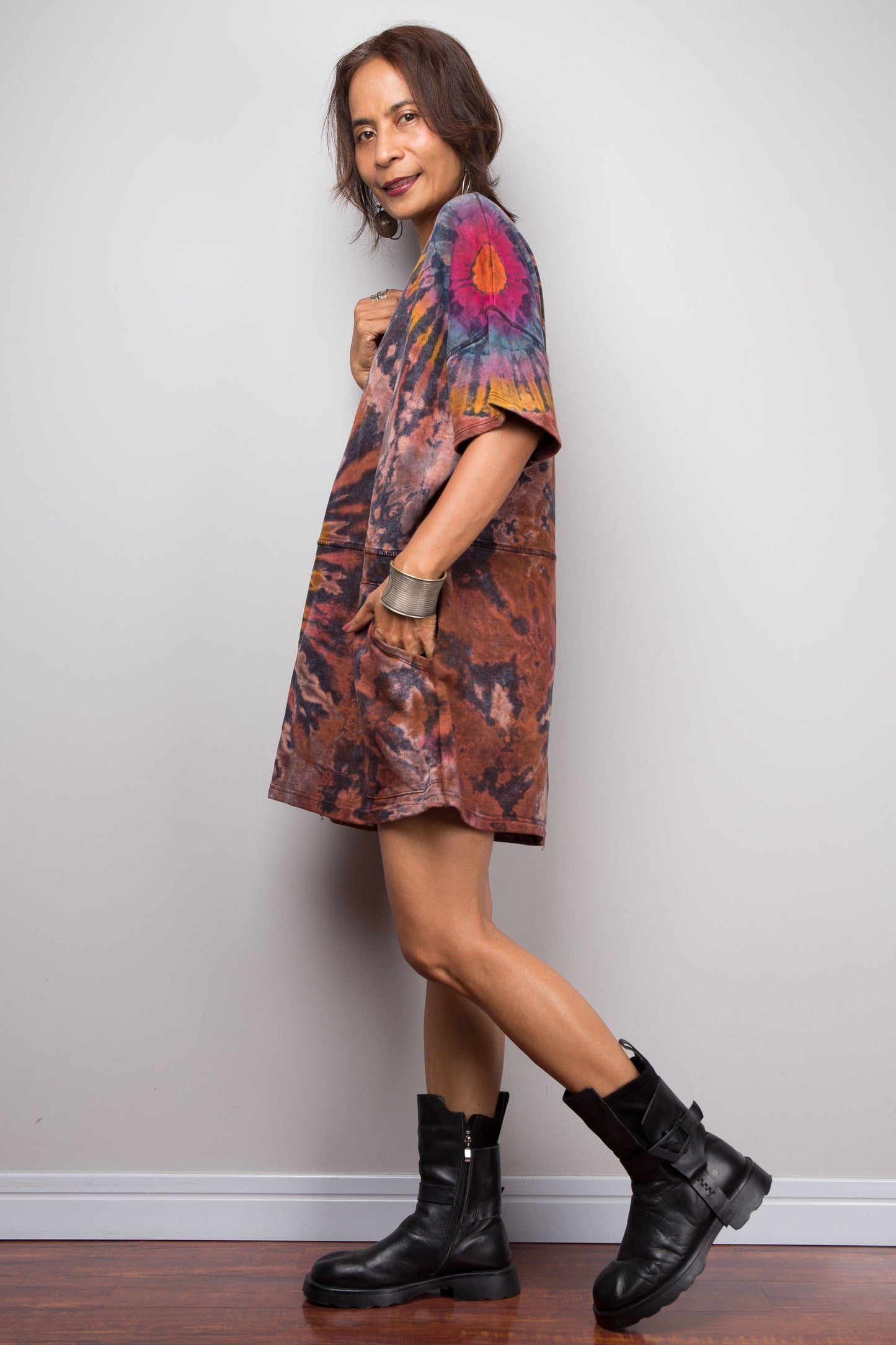 Tie Dye Knit V Neck Tunic Dress