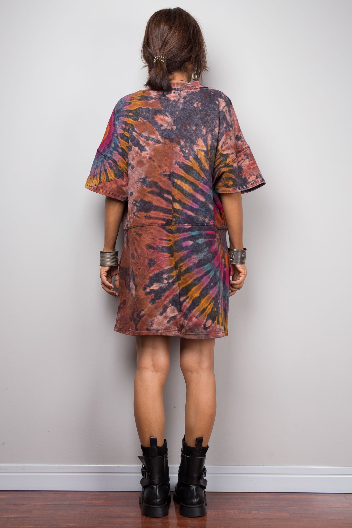 Tie Dye Knit V Neck Tunic Dress