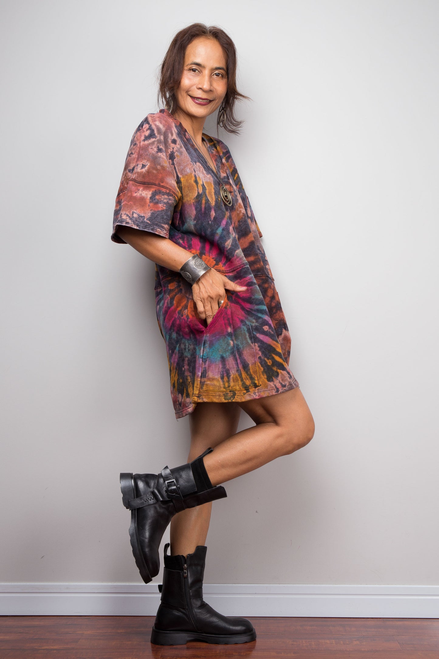 Tie Dye Knit V Neck Tunic Dress
