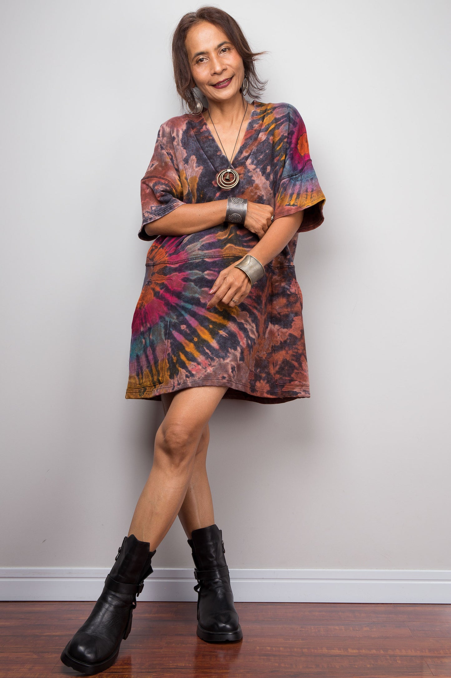 Tie Dye Knit V Neck Tunic Dress