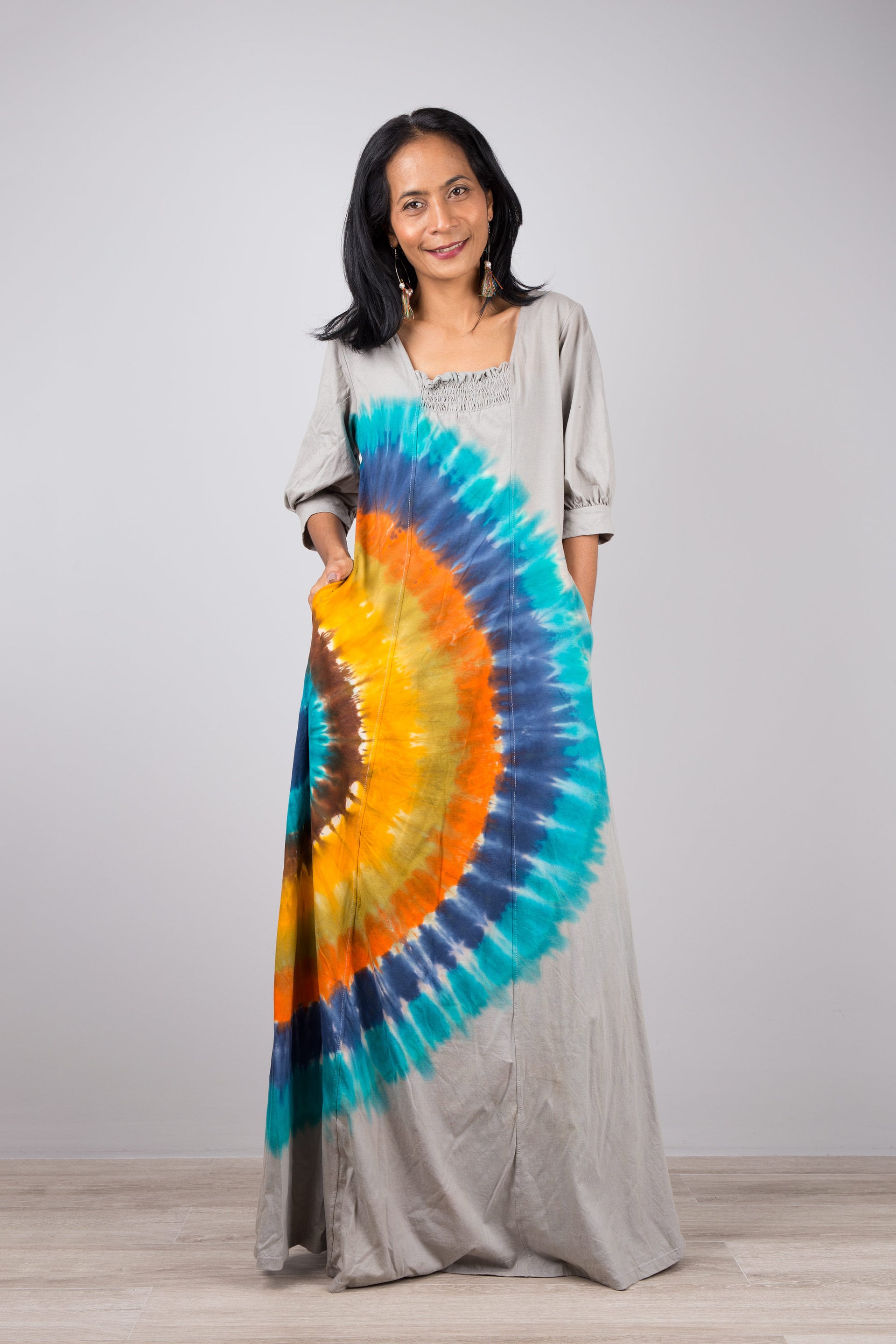 chinese dress ladies Tie Dye Off Shoulder Maxi Dress. Blue Drop Waist Dress by Nuichan main image 0