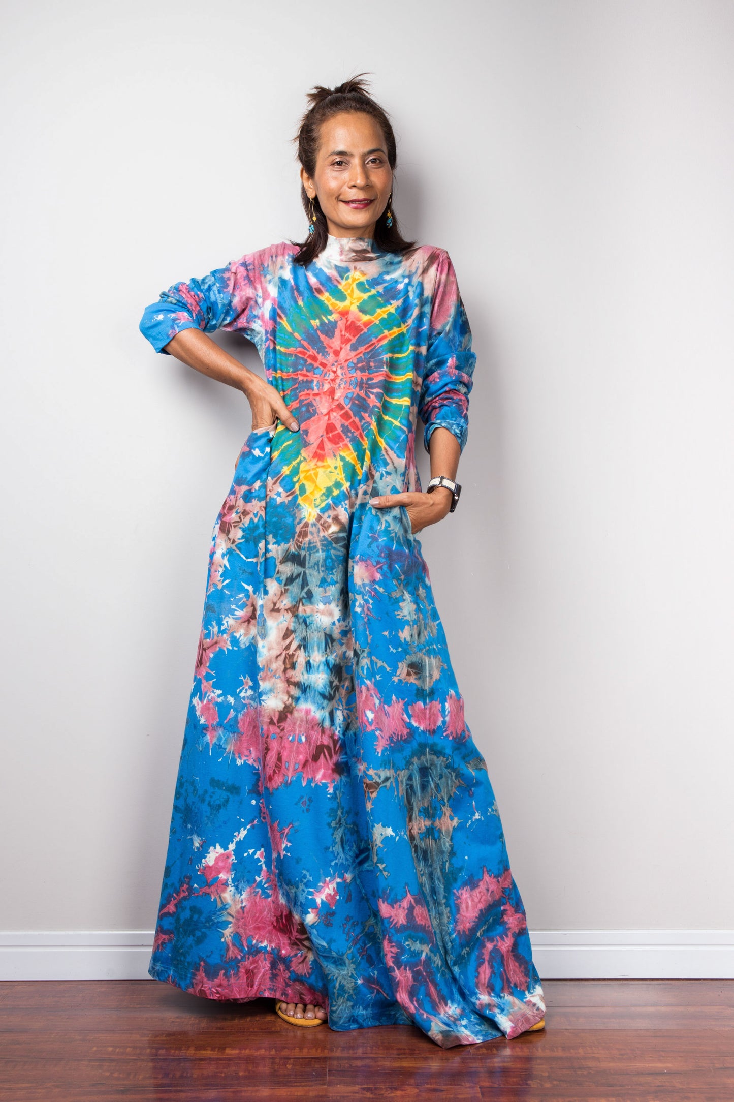 Long sleeve tie dye maxi dress with inseam pockets and short mock turtle neck