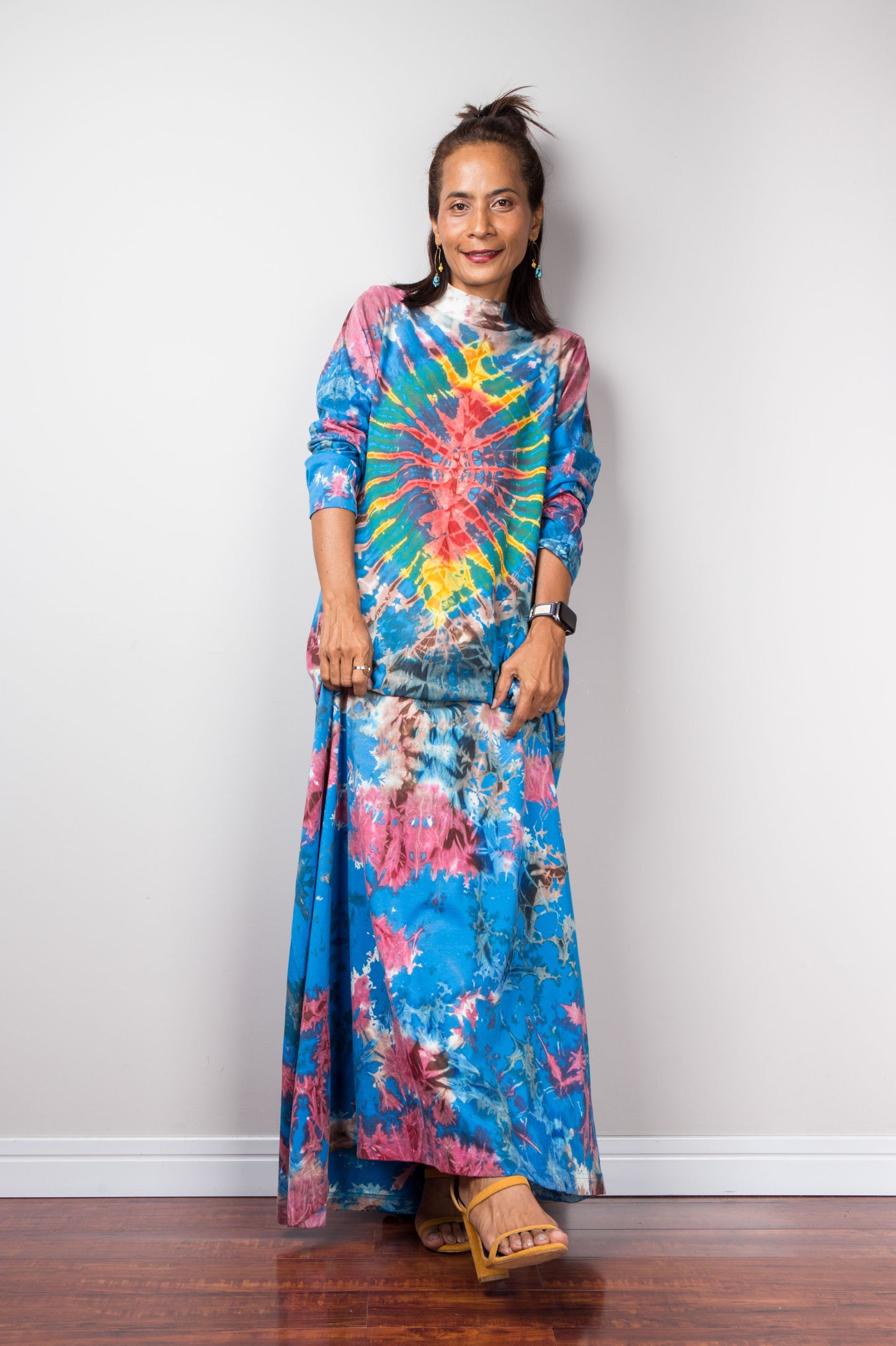 Long sleeve tie dye maxi dress with inseam pockets and short mock turtle neck