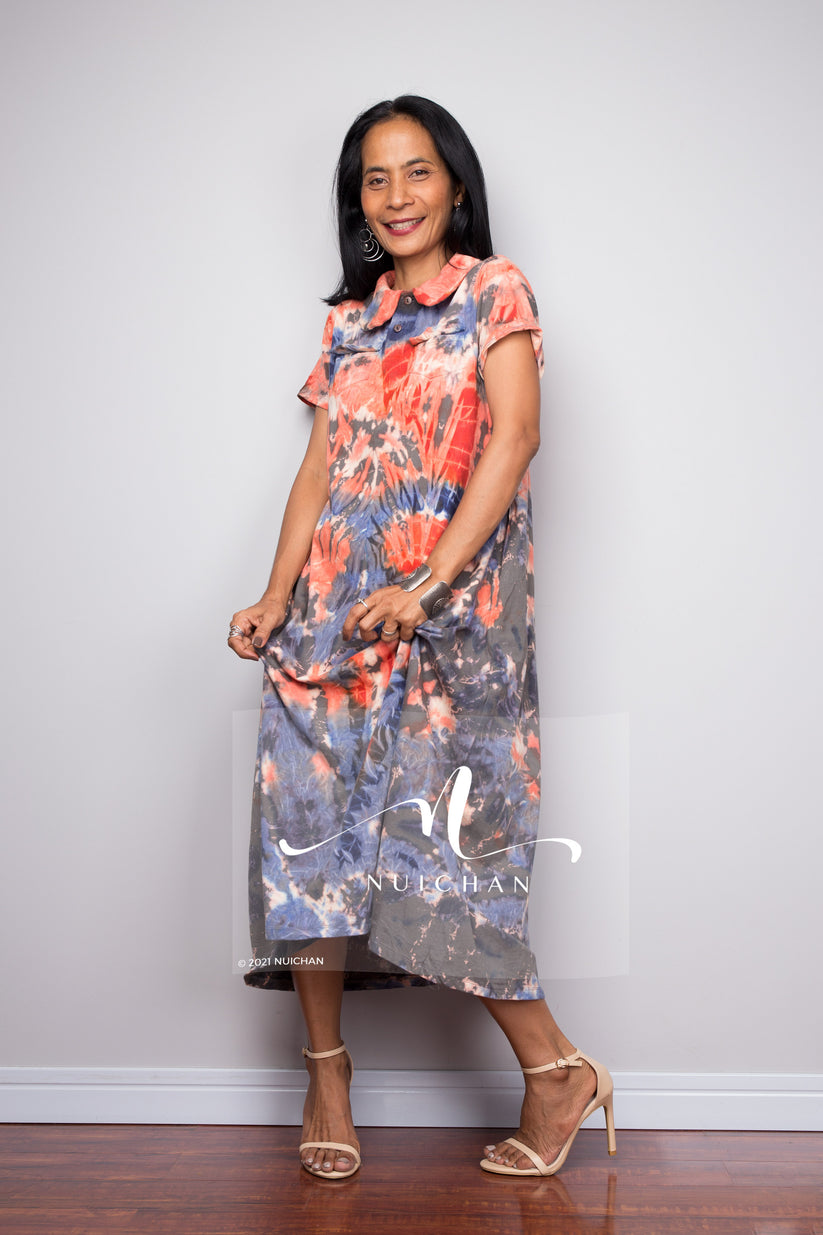 Tie & Dye A-Line Midi Dress – Cotton, V-Neck, Puff Sleeves | Indiaista