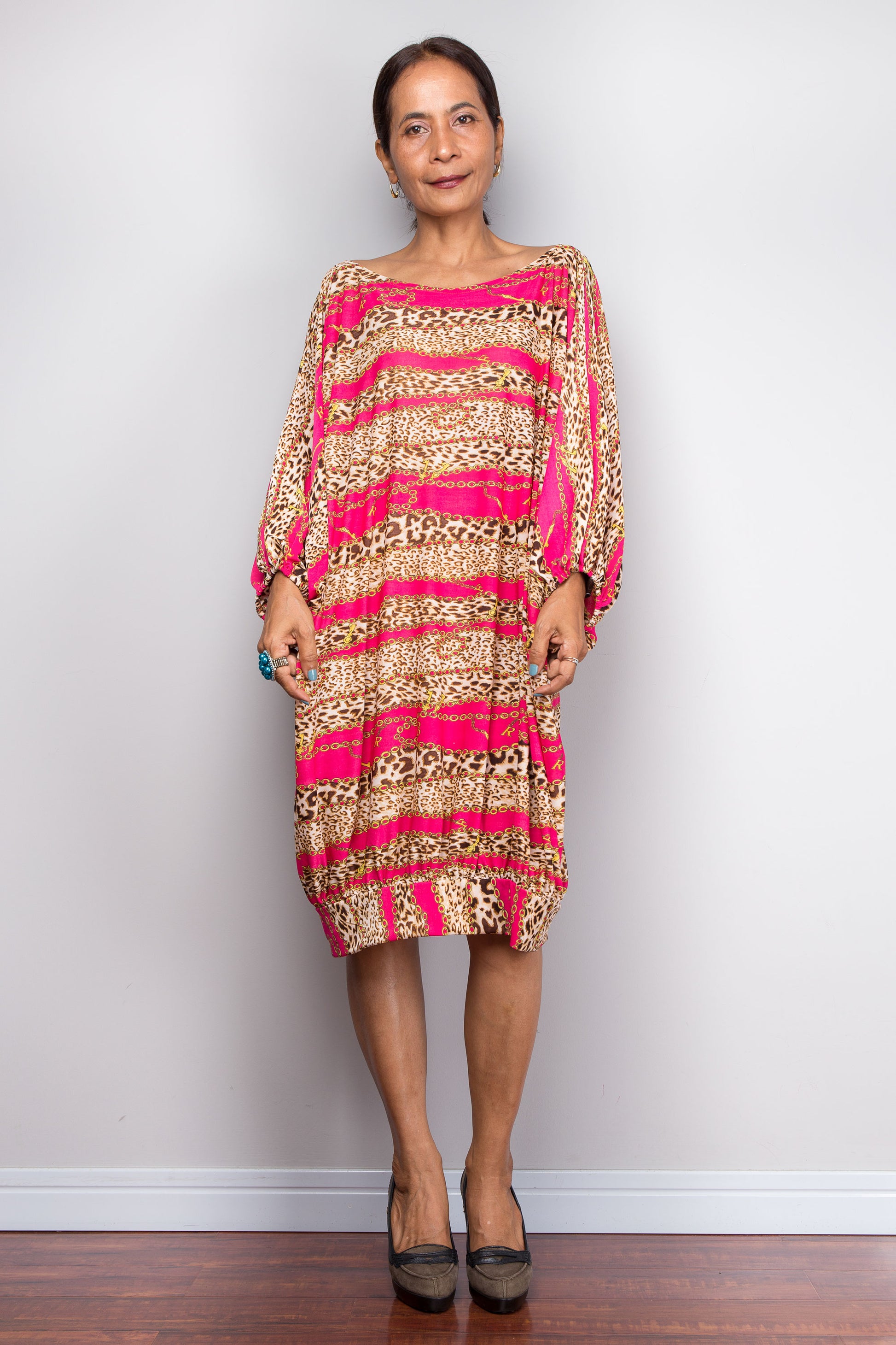 Pink Boho Batwing Tunic Dress – Short Kaftan for Petite Women