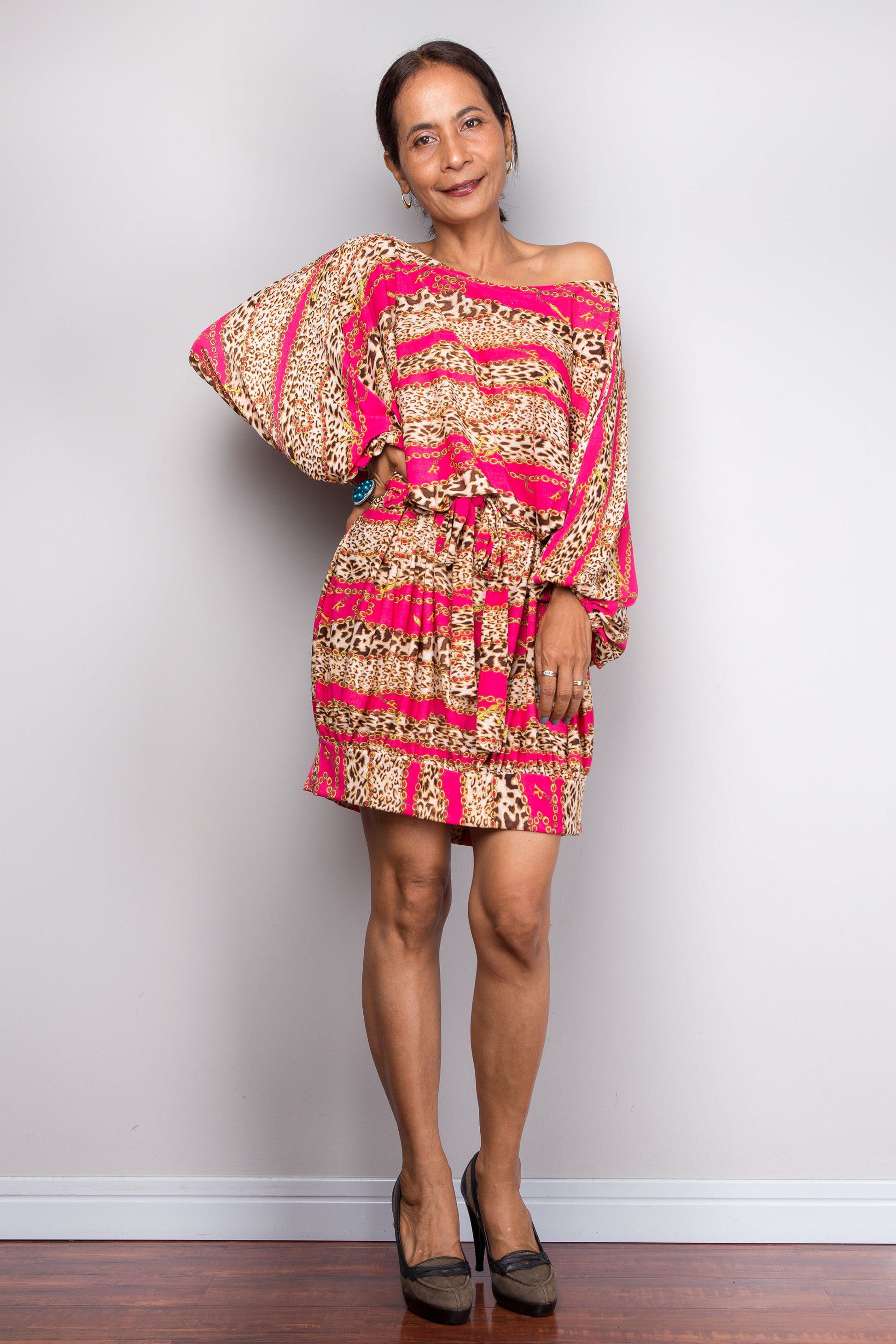 Pink Boho Batwing Tunic Dress – Short Kaftan for Petite Women