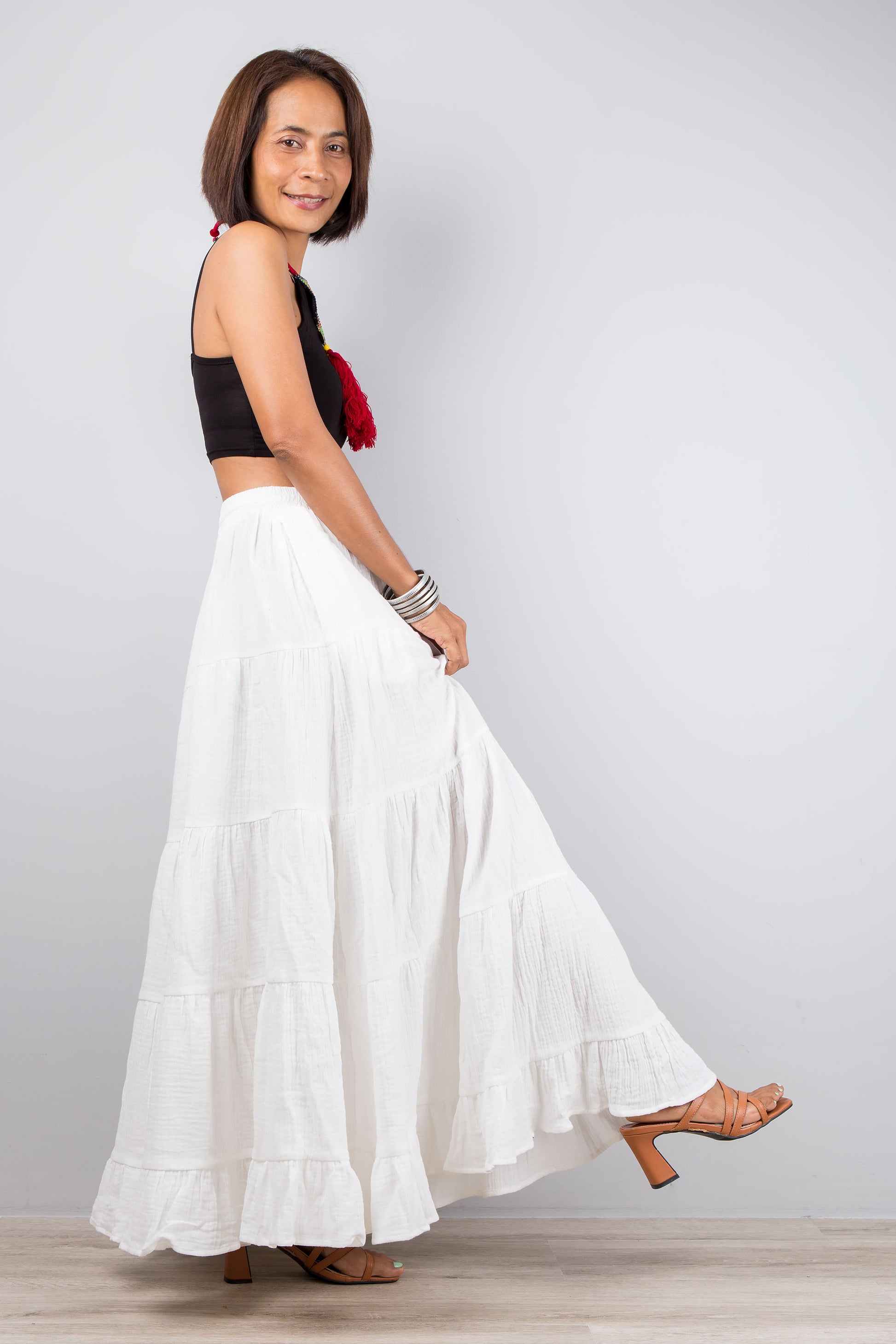 Tiered white skirt, maxi skirt by Nuichan. Cotton gauze summer skirt with a pocket on the side.