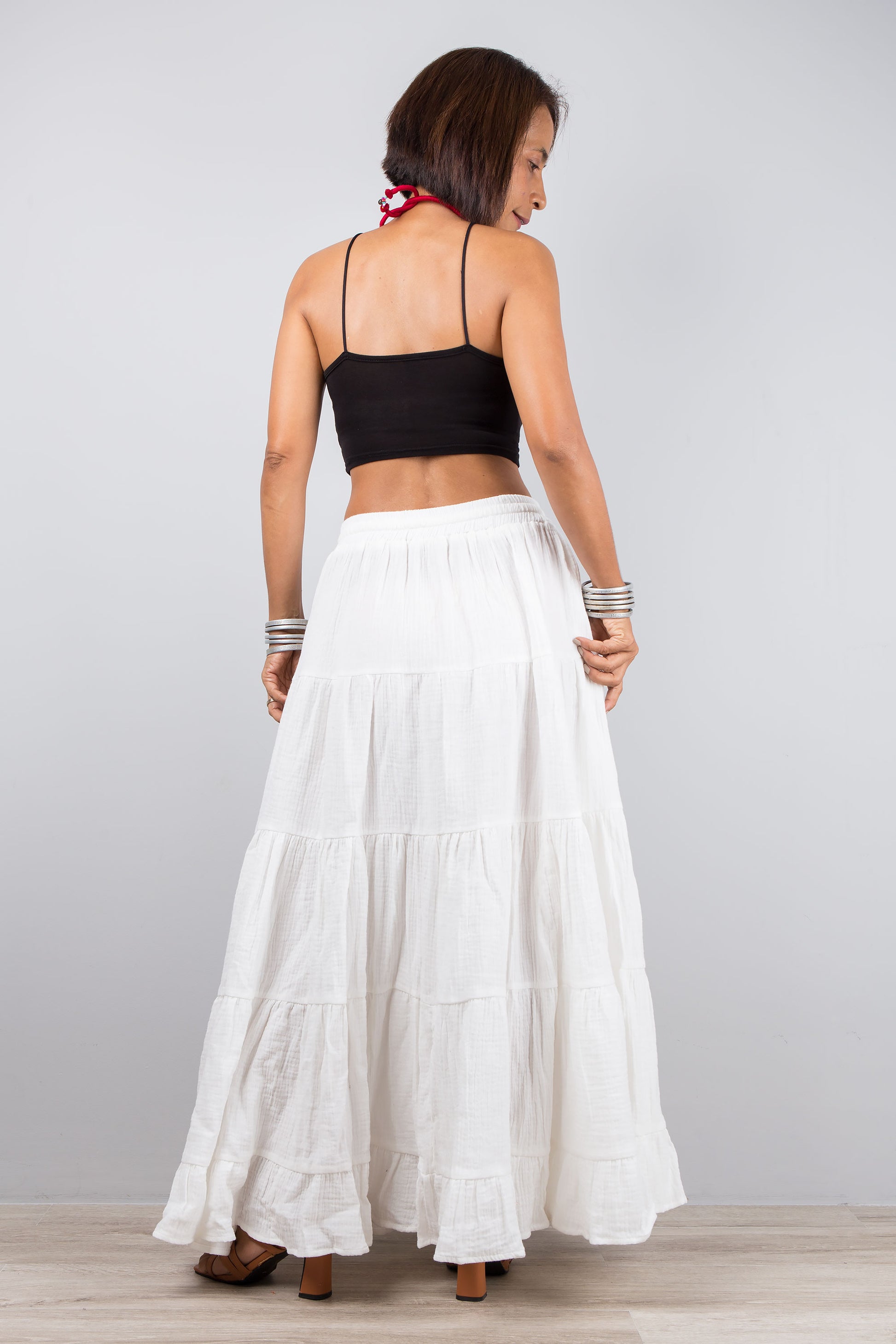 Tiered white skirt, maxi skirt by Nuichan. Cotton gauze summer skirt with a pocket on the side.