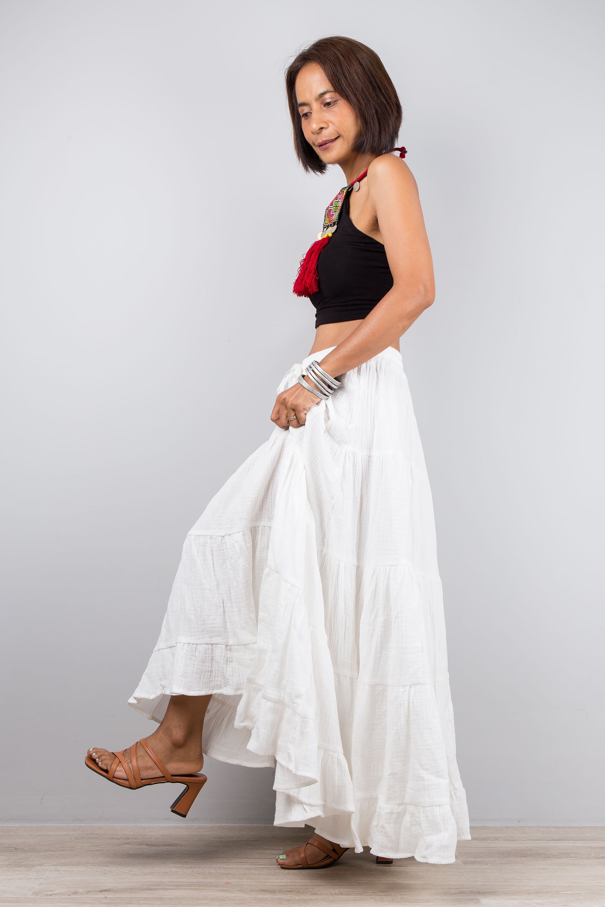 Tiered white skirt, maxi skirt by Nuichan. Cotton gauze summer skirt with a pocket on the side.