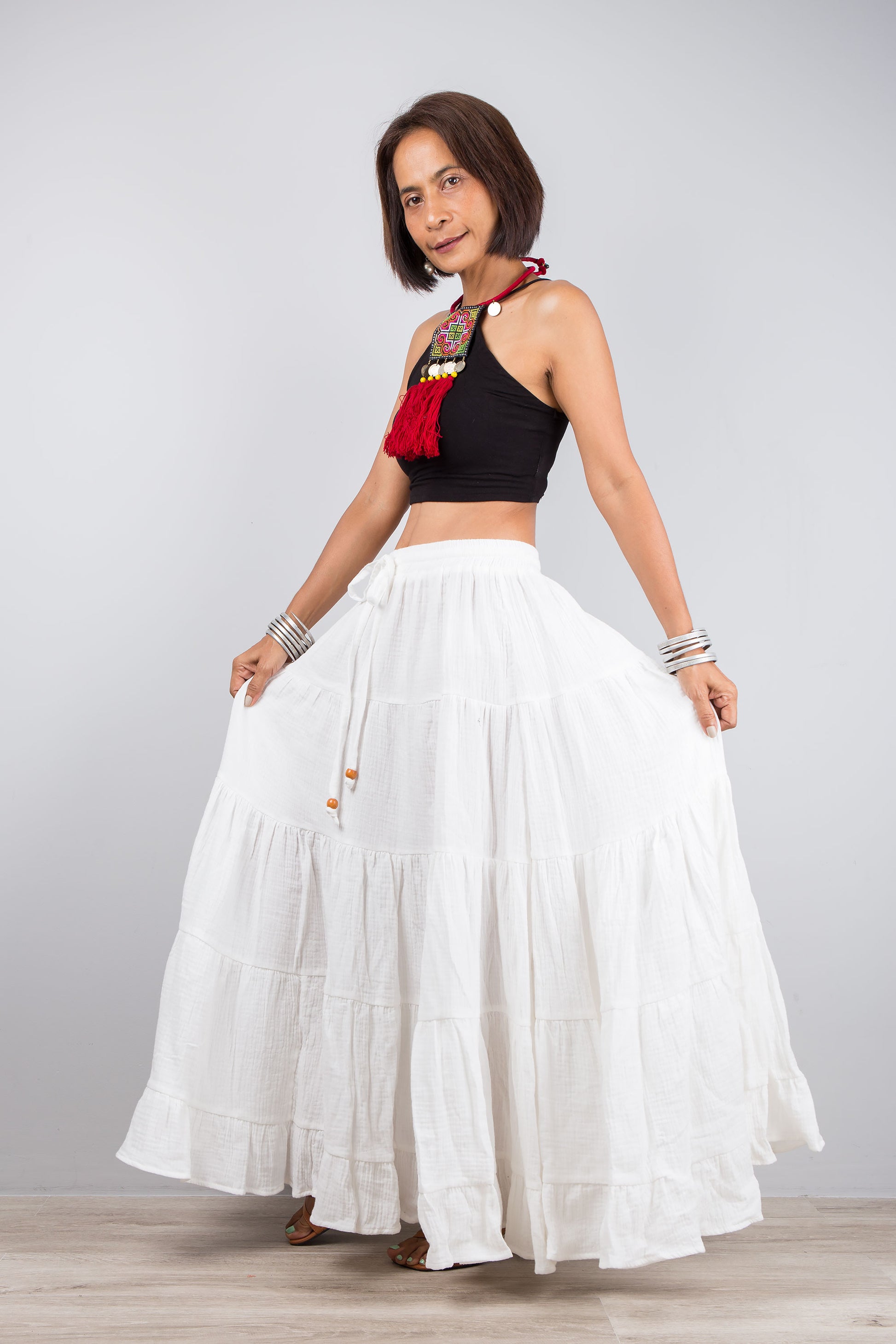 Tiered white skirt, maxi skirt by Nuichan. Cotton gauze summer skirt with a pocket on the side.