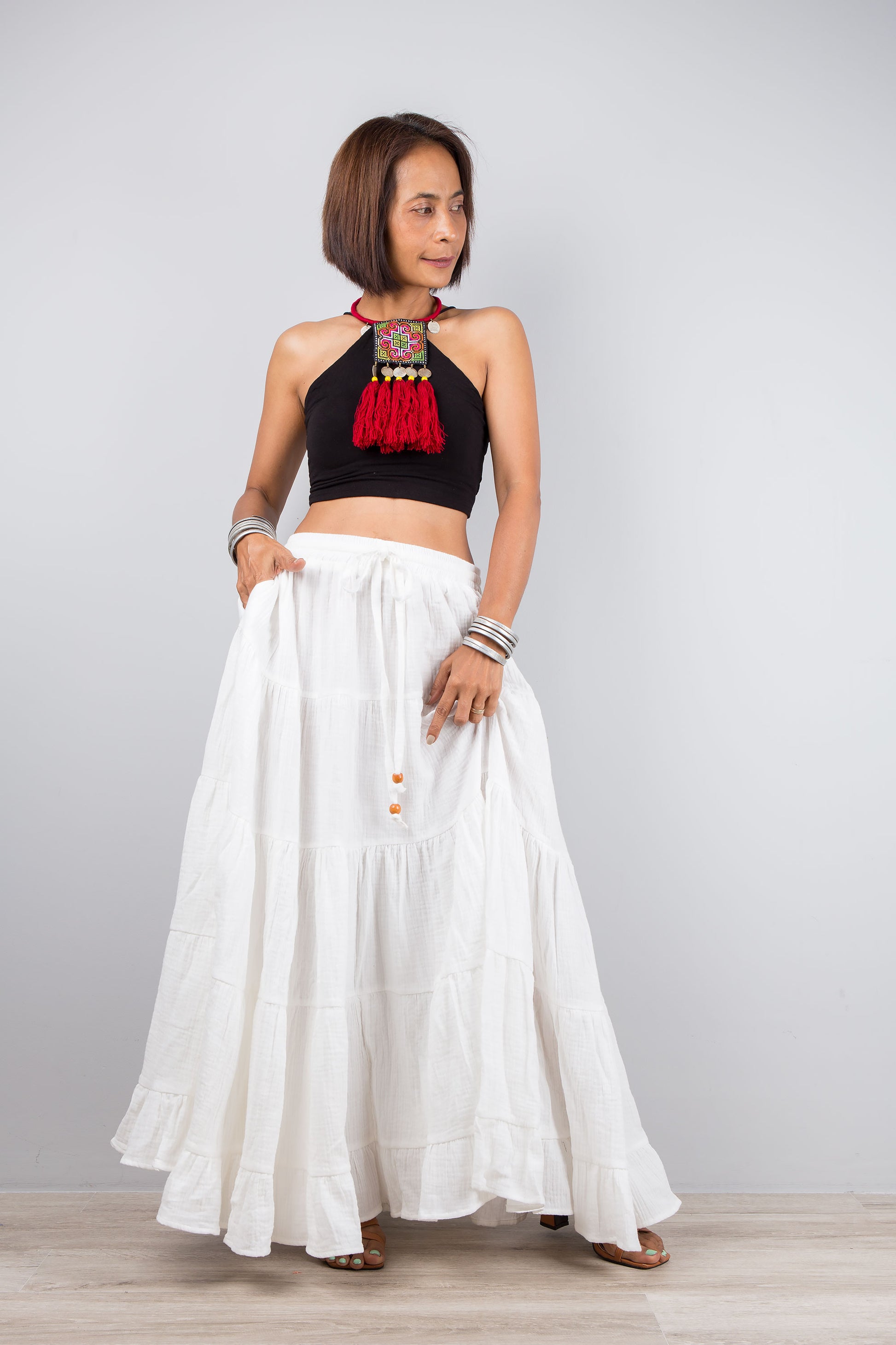 Tiered white skirt, maxi skirt by Nuichan. Cotton gauze summer skirt with a pocket on the side.