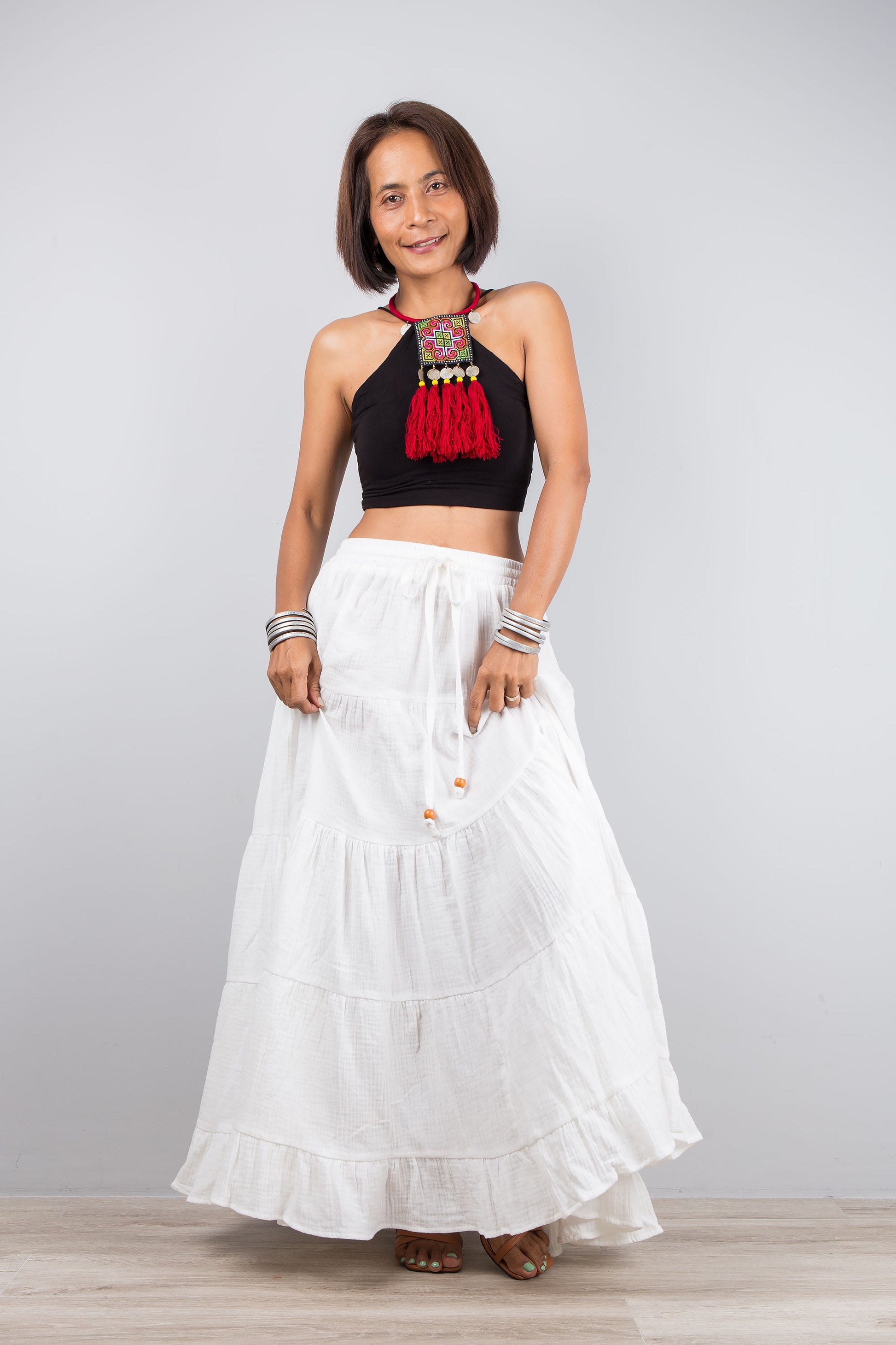 Tiered white skirt, maxi skirt by Nuichan. Cotton gauze summer skirt with a pocket on the side.