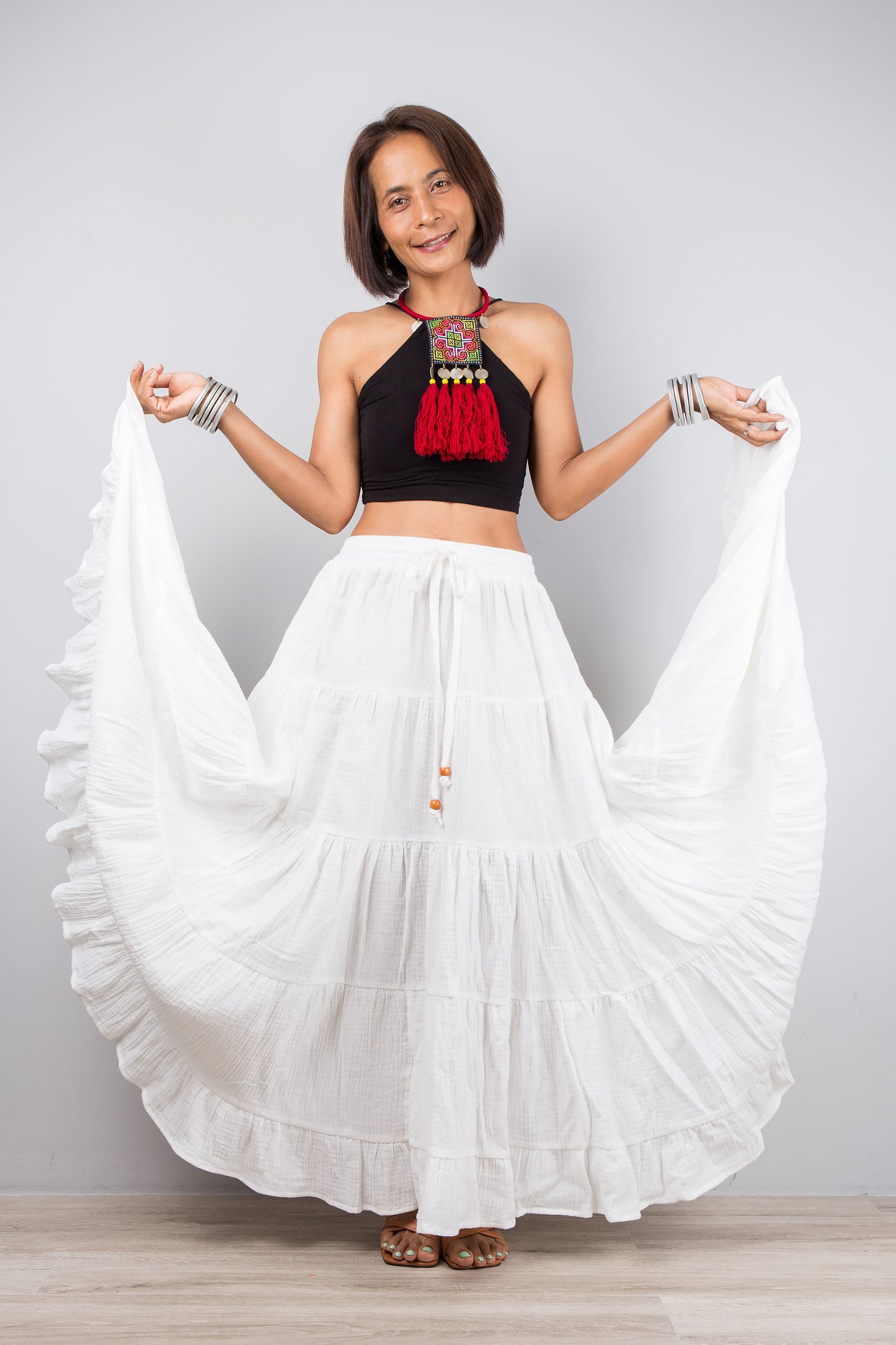 Tiered white skirt, maxi skirt by Nuichan. Cotton gauze summer skirt with a pocket on the side.