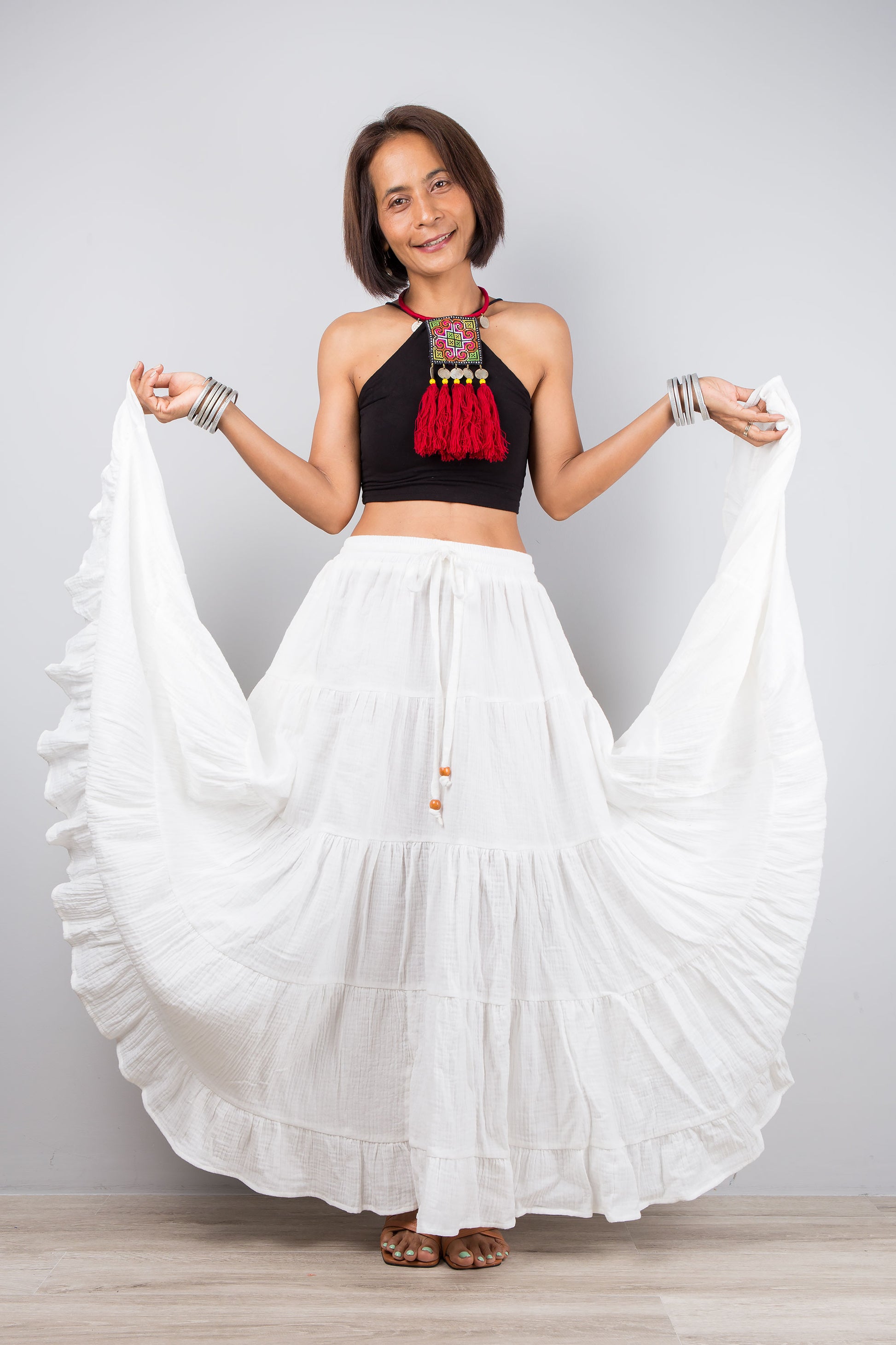 Tiered white skirt, maxi skirt by Nuichan. Cotton gauze summer skirt with a pocket on the side.