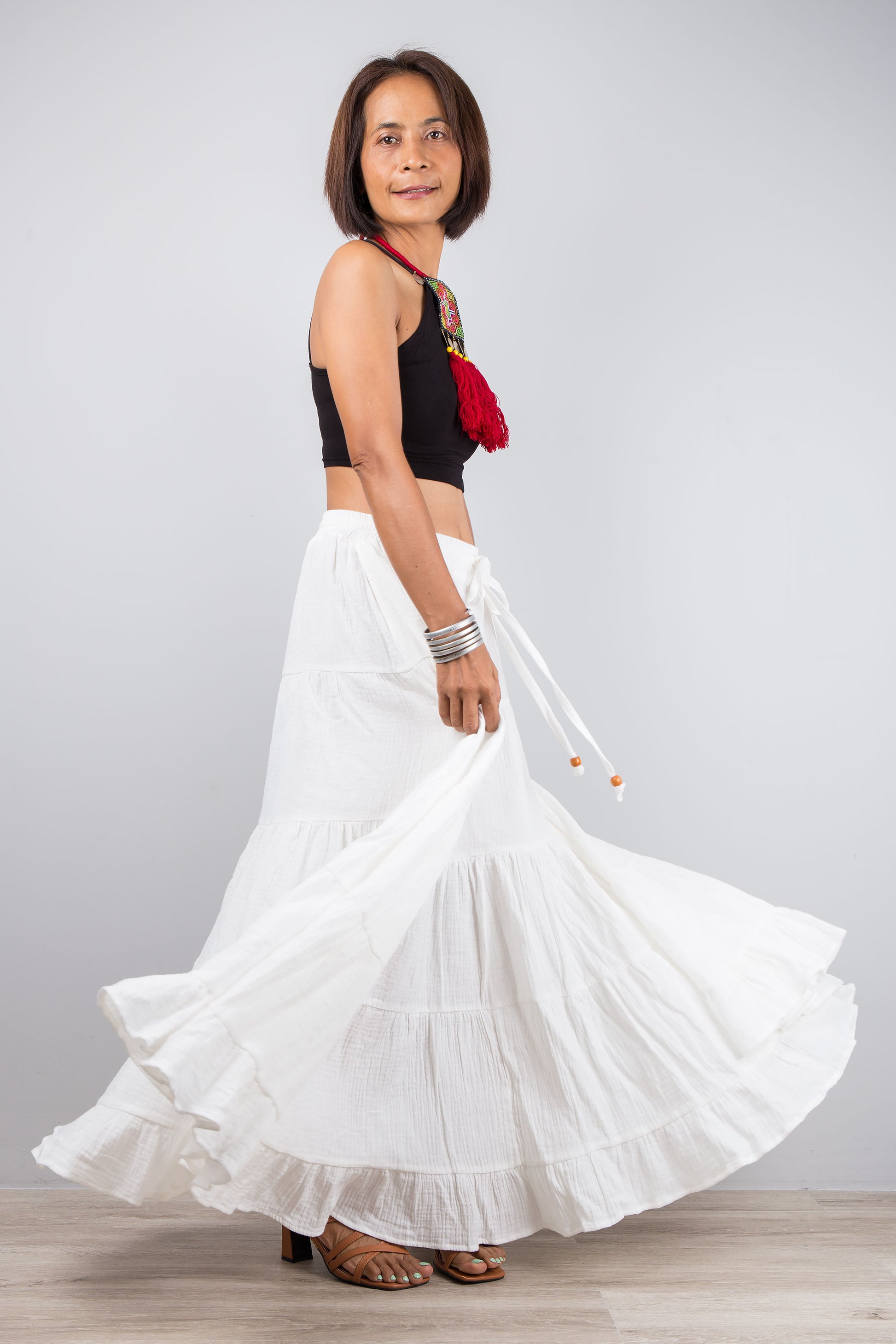 Tiered white skirt, maxi skirt by Nuichan. Cotton gauze summer skirt with a pocket on the side.
