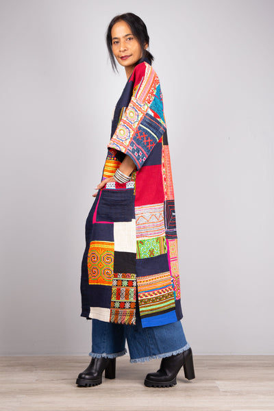 Patchwork coat | open front cardigan made from colorful vintage hill tribe fabrics