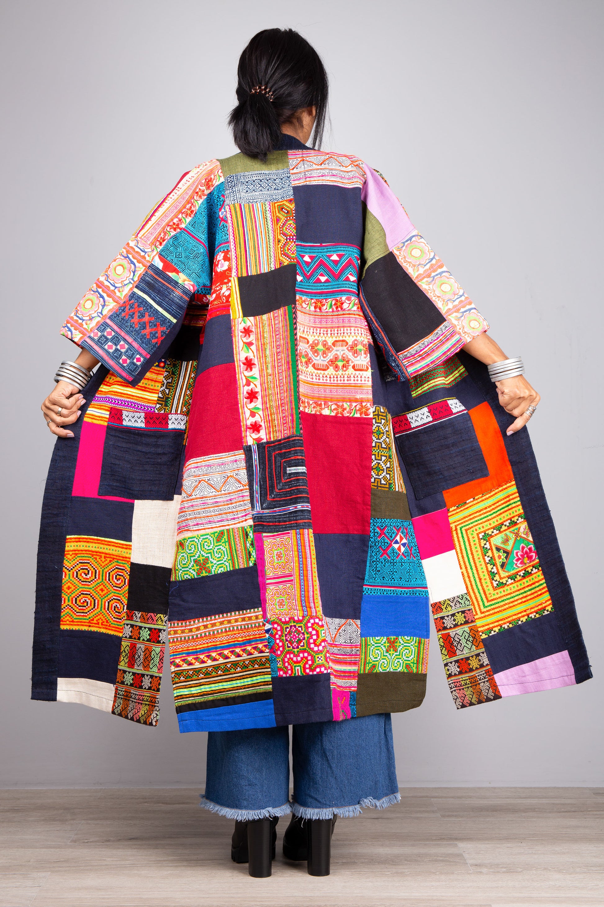Patchwork coat | open front cardigan made from colorful vintage hill tribe fabrics