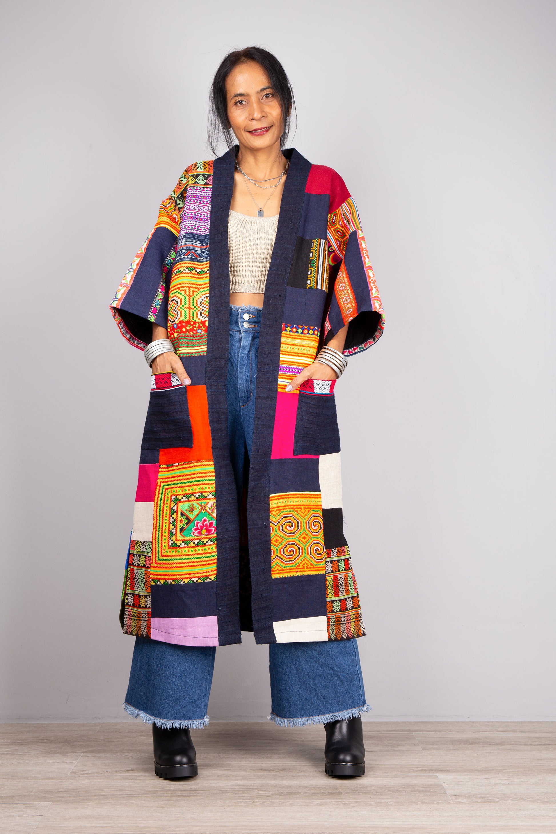 Patchwork coat | open front cardigan made from colorful vintage hill tribe fabrics