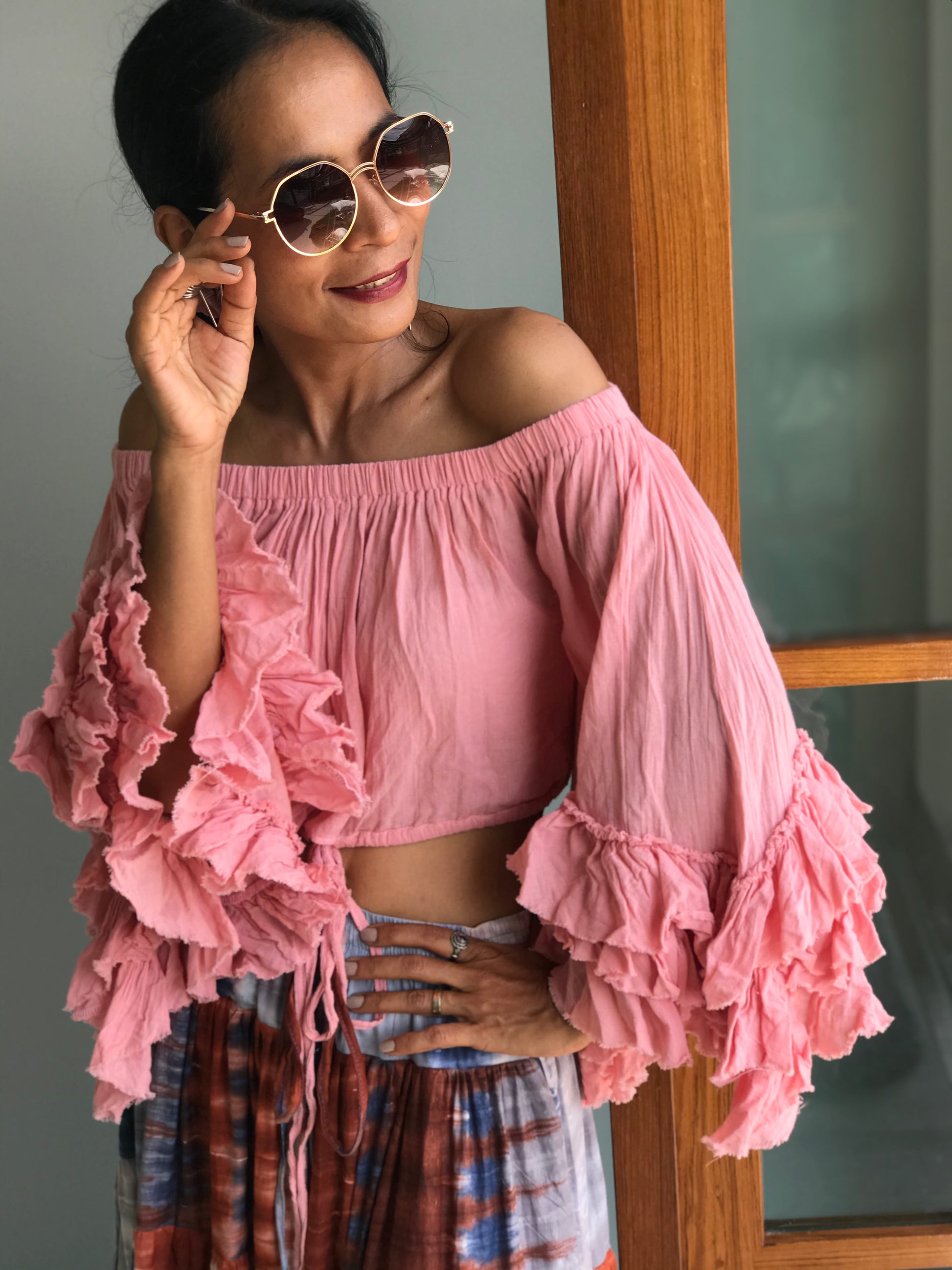 Cotton crop top with ruffle sleeves by Nuichan - Buy festival fashion online at affordable prices.