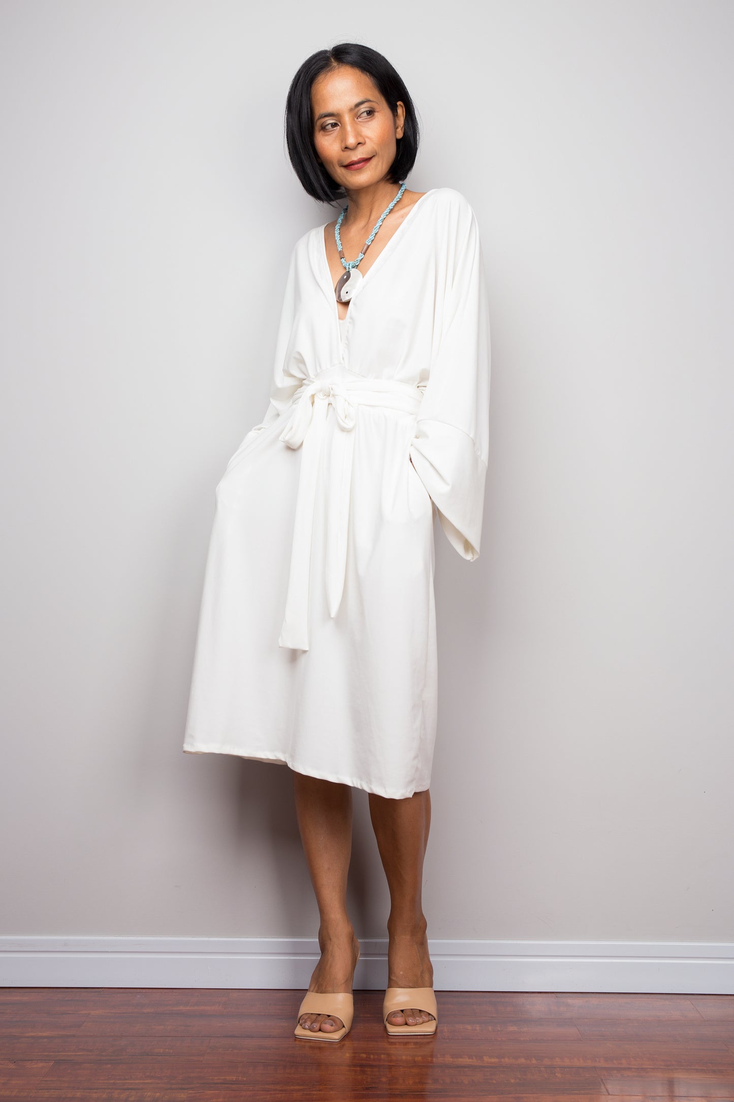 Affordable white midi dress.  Off shoulder white dress by Nuichan  Long sleeve white dress with pockets